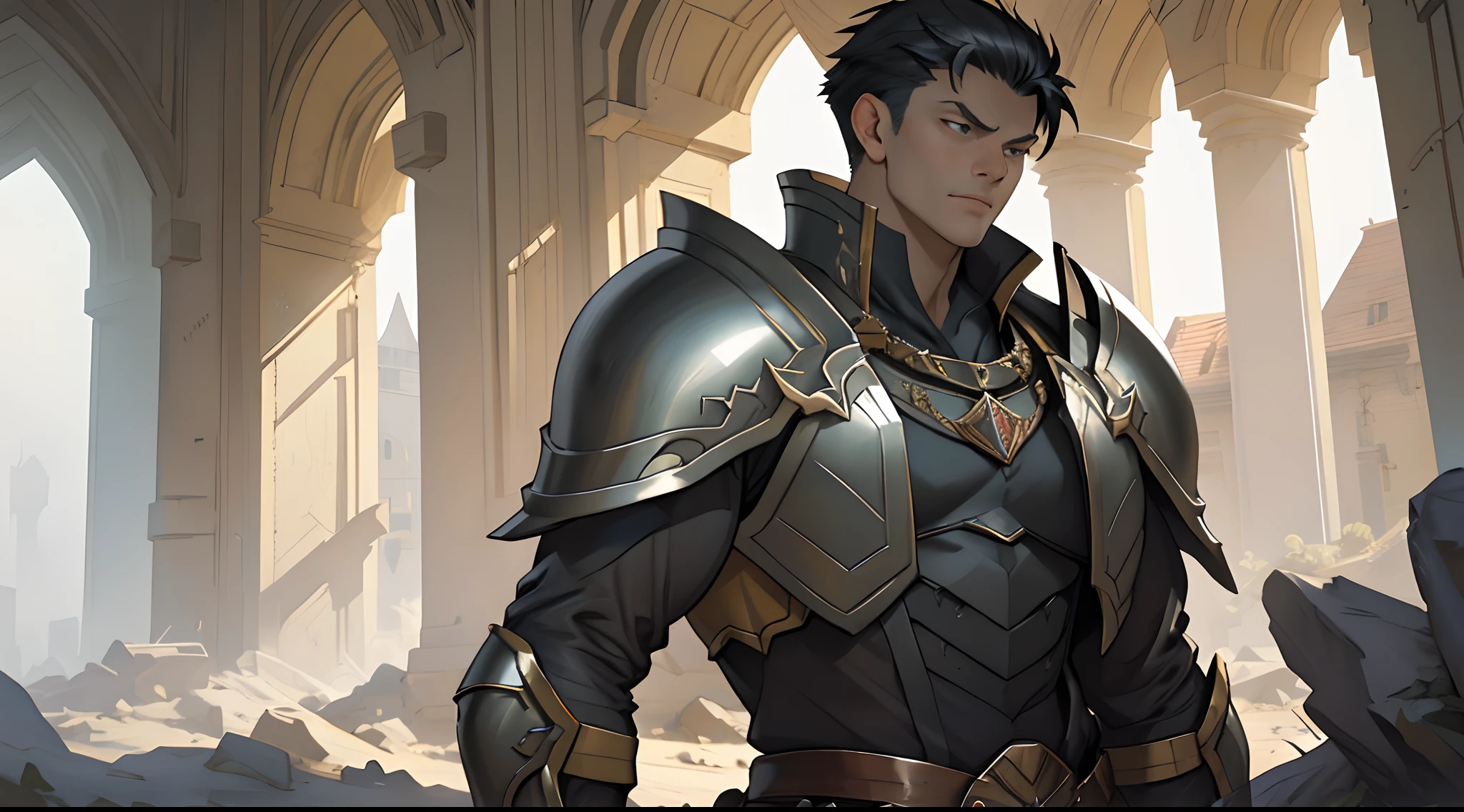 Portrait of a man, 1boy, Solo, Stand quietly, Heroes, A hero never seen before, jawline, Male, Epic, Handsome, prince, warrior, Silver armor, hyperdetailed 3d matte painting, cinemascope panoramic, awe inspiring, landscape, Natural skin texture, Sharp focus, ((Cinematic look)), insanely details, Intricate details, greg rutkovsky、Works of art by Caravaggio and Alphonse Mucha, analogue style, Castle, inside castle, Calm environment,