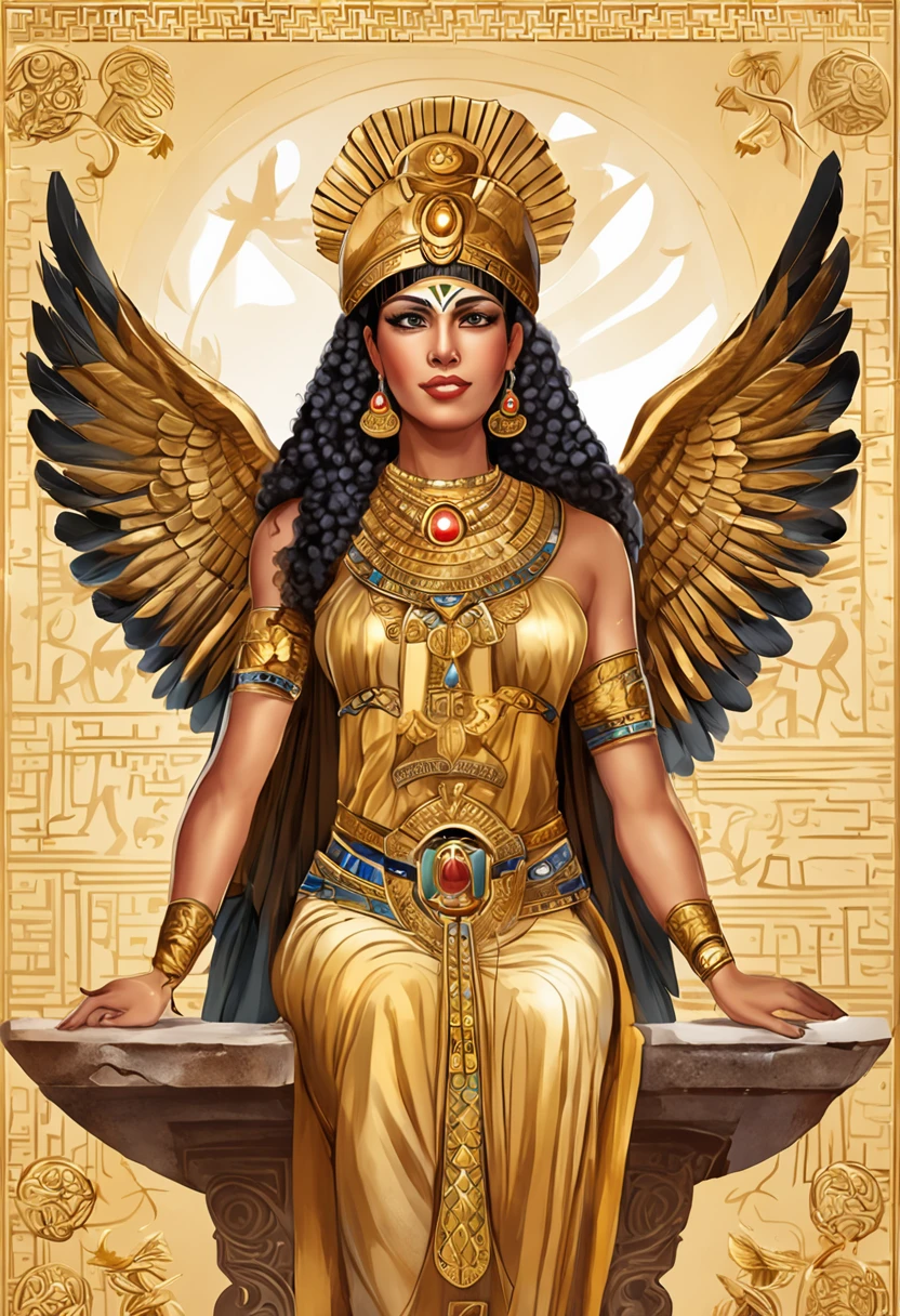 Isis: Main goddess of the Egyptian pantheon dressed in gold and golden makeup with arms and wings spread, in the style of the Egyptian gods, depicted with a throne-shaped head adornment, a reference to Osiris. coberto de joias de luxo, joias, luxo, EGYPTIAN SYMBOLS, joias de pintores e escultores, detalhes altos, Realistic, Detalhamento ultra intrincado, 8k, Cinematic lighting, cinemactic. Image with resolution of at least 300dpi