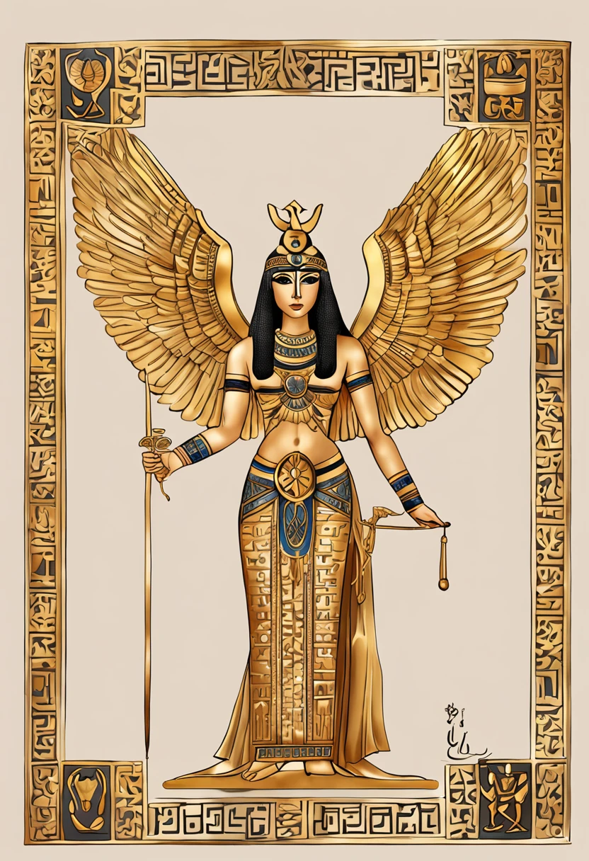 Isis: Main goddess of the Egyptian pantheon dressed in gold and golden makeup with arms and wings spread, in the style of the Egyptian gods,  depicted with a throne-shaped head adornment, a reference to Osiris. coberto de joias de luxo, joias, luxo, EGYPTIAN SYMBOLS, joias de pintores e escultores, detalhes altos, Realistic, Detalhamento ultra intrincado, 8k, Cinematic lighting, cinemactic. Image with resolution of at least 300dpi