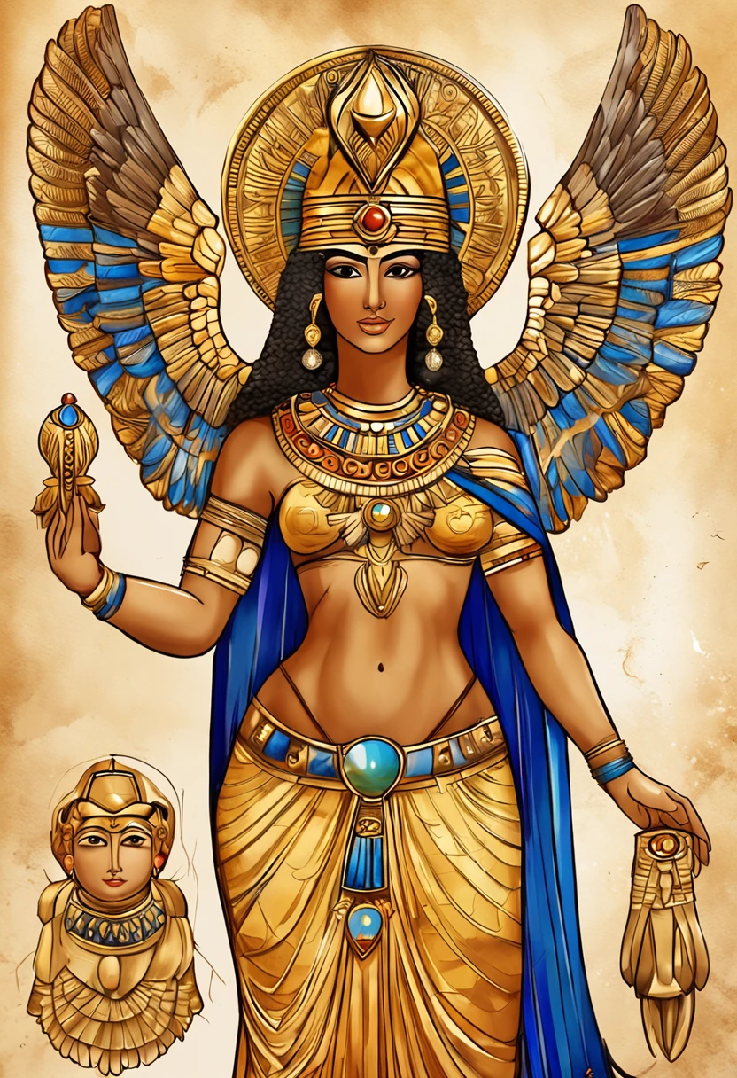 Isis: Main goddess of the Egyptian pantheon dressed in gold and golden makeup with arms and wings spread, in the style of the Egyptian gods,  depicted with a throne-shaped head adornment, a reference to Osiris. coberto de joias de luxo, joias, luxo, EGYPTIAN SYMBOLS, joias de pintores e escultores, detalhes altos, Realistic, Detalhamento ultra intrincado, 8k, Cinematic lighting, cinemactic. Image with resolution of at least 300dpi