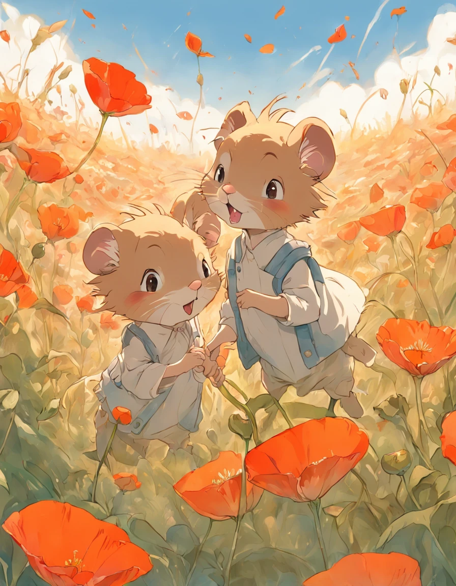 Illustration of adorable harvest mice playing among poppies in a field, blue skies above, in the style of Kenneth Lilly , fairytale style, childrens' book style.