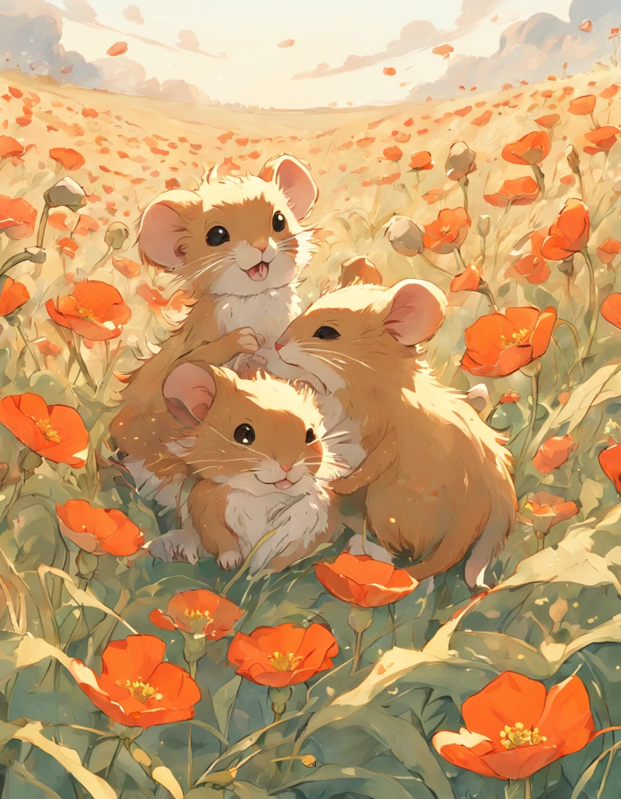Illustration of adorable harvest mice playing among poppies in a field, blue skies above, in the style of Kenneth Lilly , fairytale style, childrens' book style.