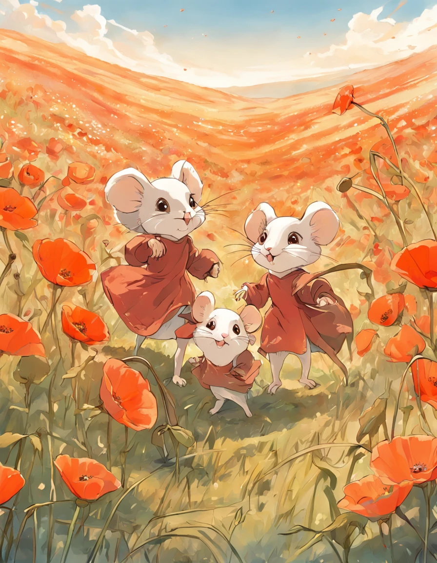 Illustration of adorable harvest mice playing among poppies in a field, blue skies above, in the style of Kenneth Lilly , fairytale style, childrens' book style.