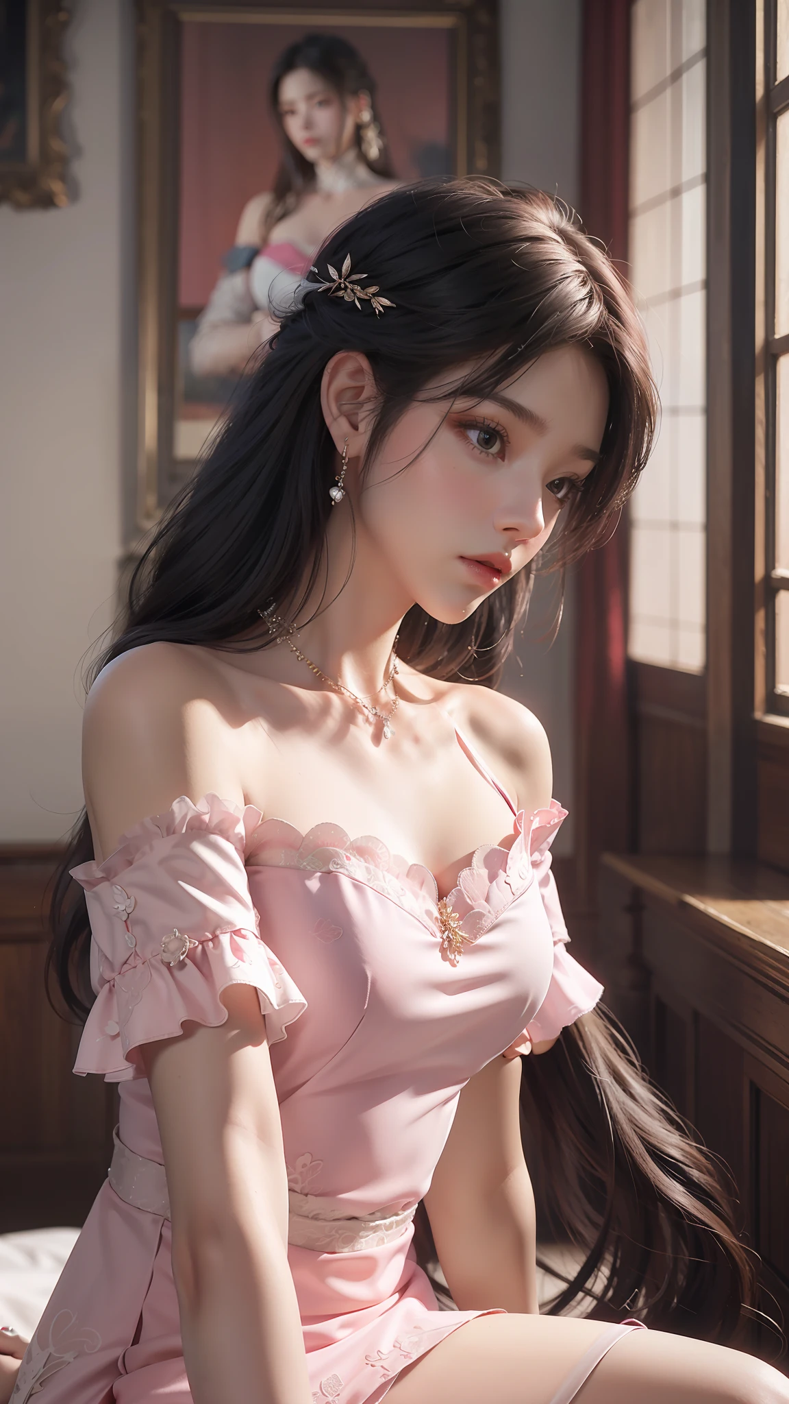 Best Quality, Masterpiece, Ultra High Resolution, (Realisticity: 1.4), Original Photo, 1girl, Pink Off-the-Shoulder, Cinematic Lighting