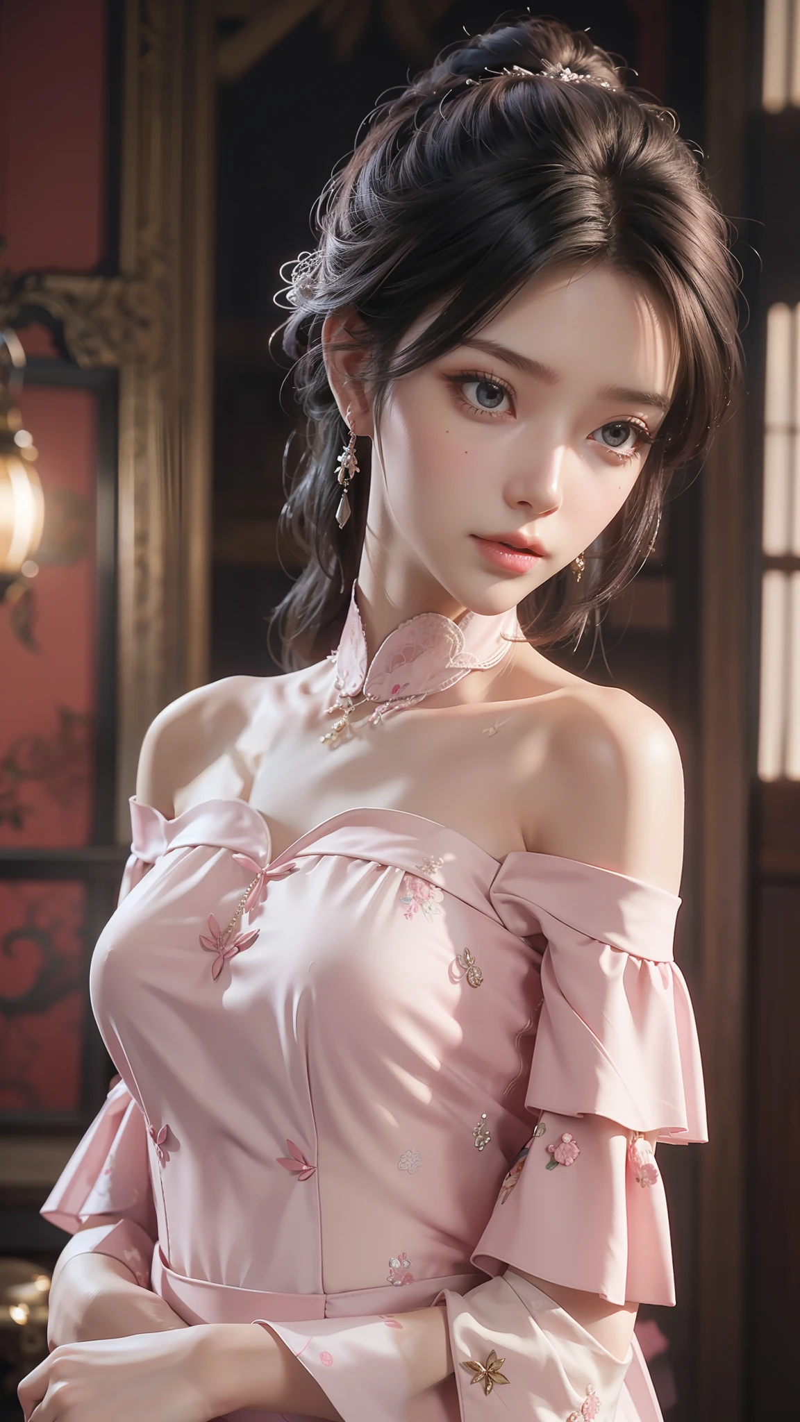 Best Quality, Masterpiece, Ultra High Resolution, (Realisticity: 1.4), Original Photo, 1girl, Pink Off-the-Shoulder, Cinematic Lighting