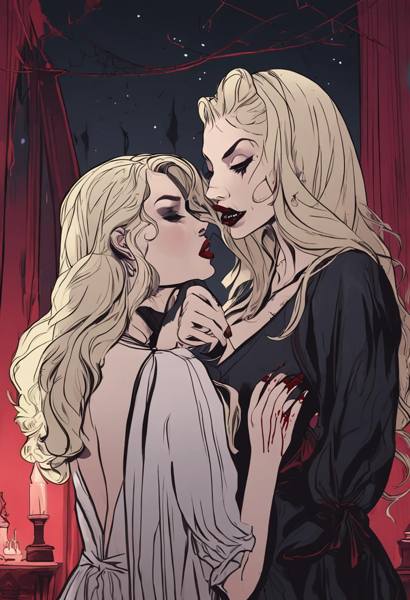 A platinum blonde female vampire in a black dress is holding a beautiful brunette girl in a white dress from behind. (((A little blood is dripping from the female vampire's mouth.))) The beautiful girl is in a trance and the female vampire is satisfied. They are in the beautiful girl's bedroom with moonlight coming through the window. Bats are flying outside the window. night scene, 35mm lens shot