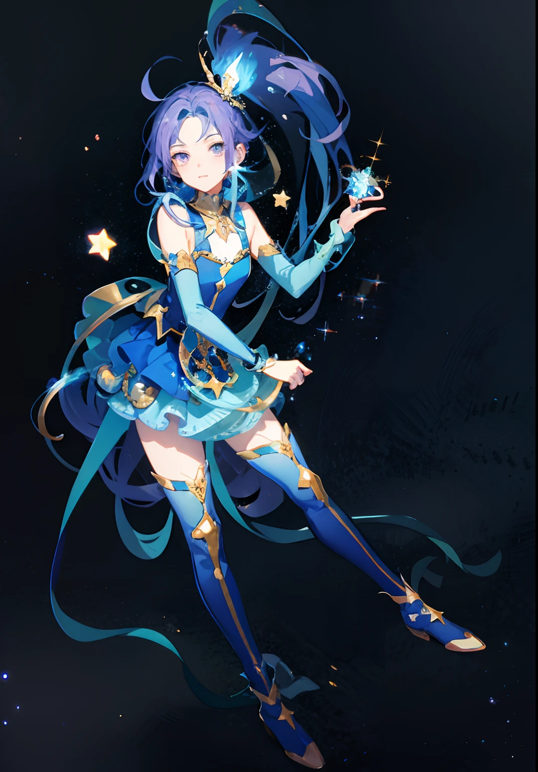 Cartoon image of a man in a blue dress, Boy with purple long sidetail hair, Boy in blue boots, Portrait of a magical boy, Sparkling Magical Boy, Magical Boy, Magical Boy Style, marin kitagawa fanart, beautiful celestial mage, !!Full body portrait!!, Galactic Prince, highly detailed exquisite fanart, official character illustration