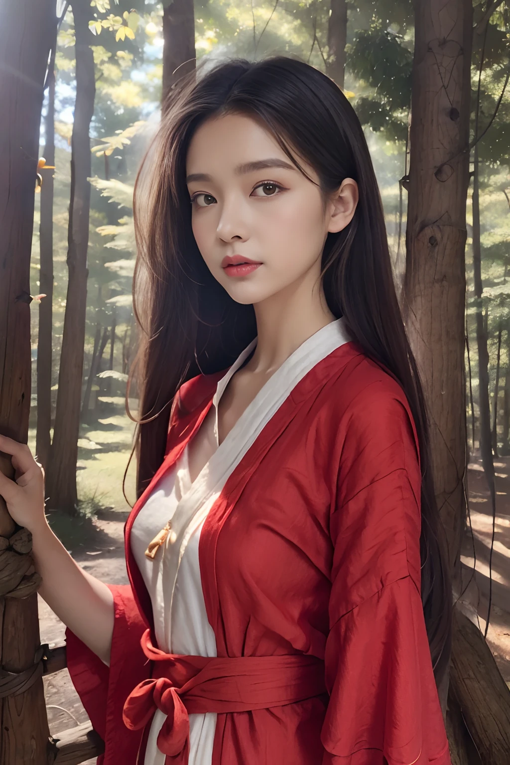 (Masterpiece),republic,Cool temperament,Cold and glamorous,Walking dynamics,long whitr hair,A girl in a jujube-red cotton linen robe in the forest,Taoist robes,Simple and elegant,Fabric texture,folding fan,Mori Department,flax,