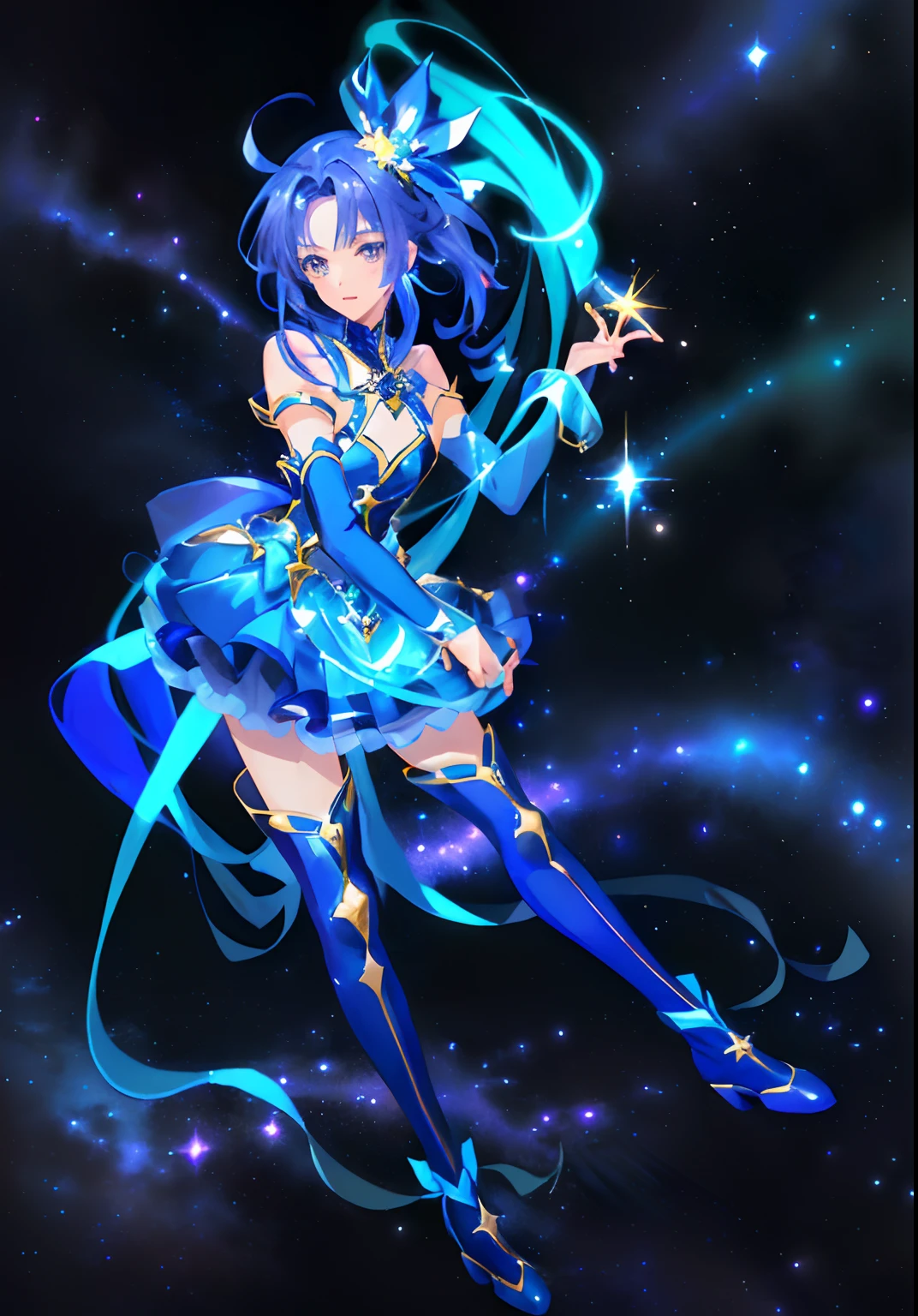Cartoon image of a man in a blue dress, Boy with purple long sidetail hair, Boy with yellow cat eyes, Boy in blue boots, Portrait of a magical boy, Sparkling Magical Boy, Magical Boy, Magical Boy Style, marin kitagawa fanart, beautiful celestial mage, !!Full body portrait!!, Galactic Prince, highly detailed exquisite fanart, official character illustration