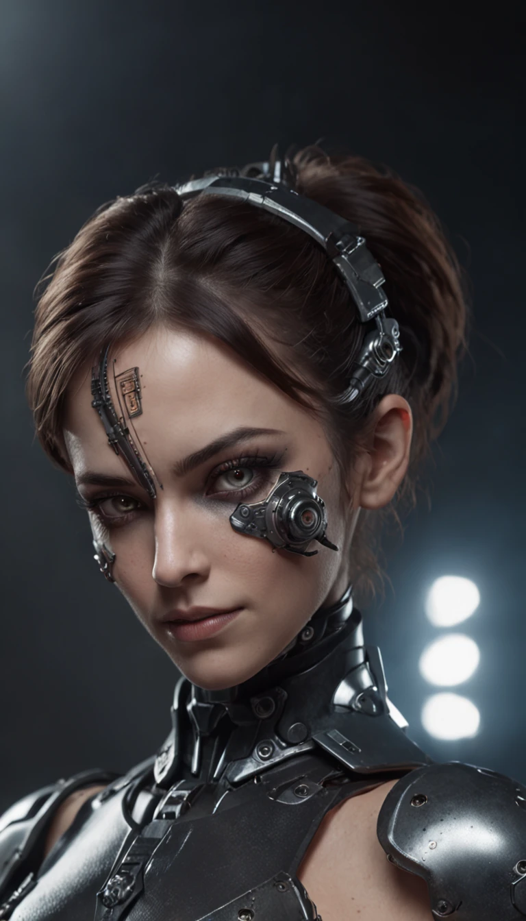 a beautiful woman cyborg warrior in the Style-RustMagic, cyberpunk augmentation, cyberware, cyborg, carbon fiber, chrome, implants, metal skull, cyber plate armor, (dark atmosphere:1.2), (fog & smoke), (dark night:1.3), scars, (dark medium length disheveled hair:1.1), (eyeshadow:1.1), (beautifully detailed glow:1.2), (Cinematic lighting), intricate detail, highres, rounded eyes, detailed facial features, sharp focus, smooth, aesthetic, detailed dark industrial factory background, stylish pose, dynamic pose, (dramapaint)