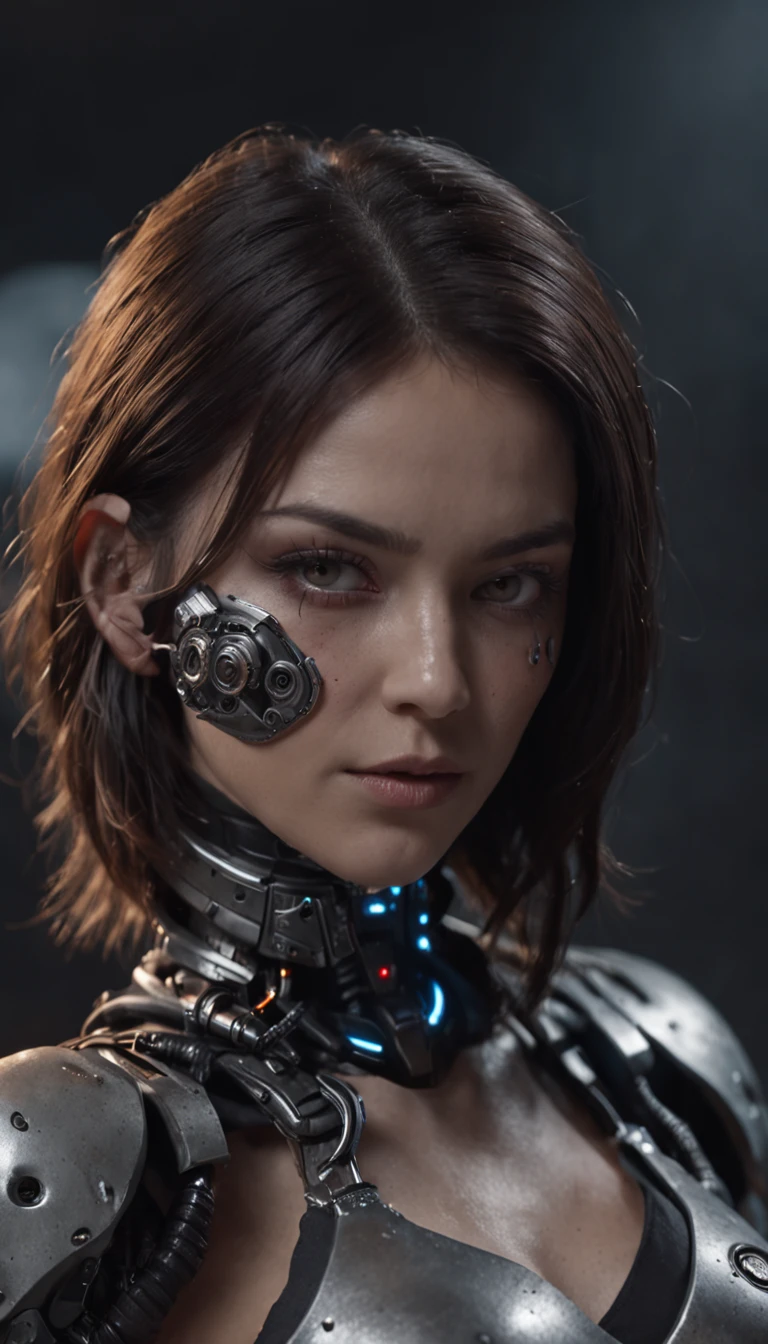 a beautiful woman cyborg warrior in the Style-RustMagic, cyberpunk augmentation, cyberware, cyborg, carbon fiber, chrome, implants, metal skull, cyber plate armor, (dark atmosphere:1.2), (fog & smoke), (dark night:1.3), scars, (dark medium length disheveled hair:1.1), (eyeshadow:1.1), (beautifully detailed glow:1.2), (Cinematic lighting), intricate detail, highres, rounded eyes, detailed facial features, sharp focus, smooth, aesthetic, detailed dark industrial factory background, stylish pose, dynamic pose, (dramapaint)