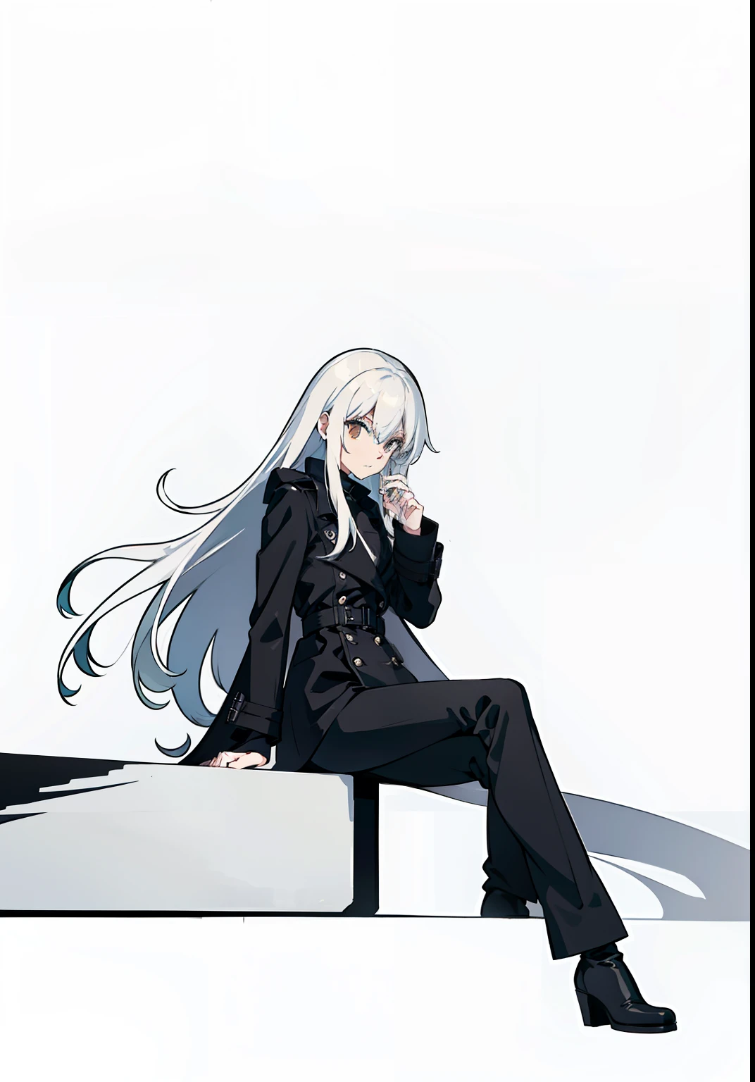 Long white hair，Black boots，A black trench coat，wearing black suits，black long pants，Half-sided sitting，The legs are long and slender。