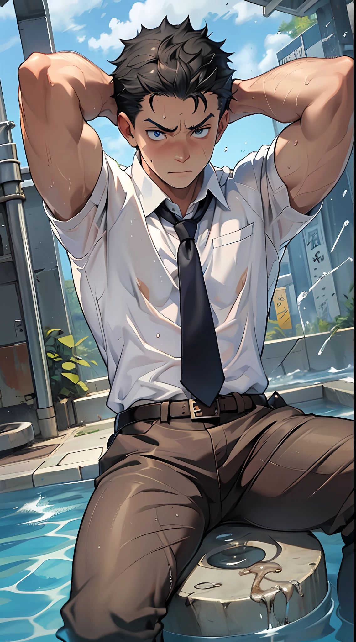 （1 Adult male），A high resolution， Sharp focus， Pixiv masterpiece， （（Complicated details））， highly  detailed， natsuki_subaru， 1 man，perfect male figure，Urine on the trouser leg， Nervously bow your head，is shy，embarressed，exhilarated，is shocked，panicking，worry，A pool of urine formed around him，Very eager to pee，Unbearable，Wet yourself，Urine discharge，full bodyesbian，sit astride，Tired，decadent， blue color eyes（eyes glowing）， Black hair short hair，white  shirt，Wear a tie，Wear a belt，trousers，perspire，Drenched，Get wet，pissing，urine flows down the pants，look from down