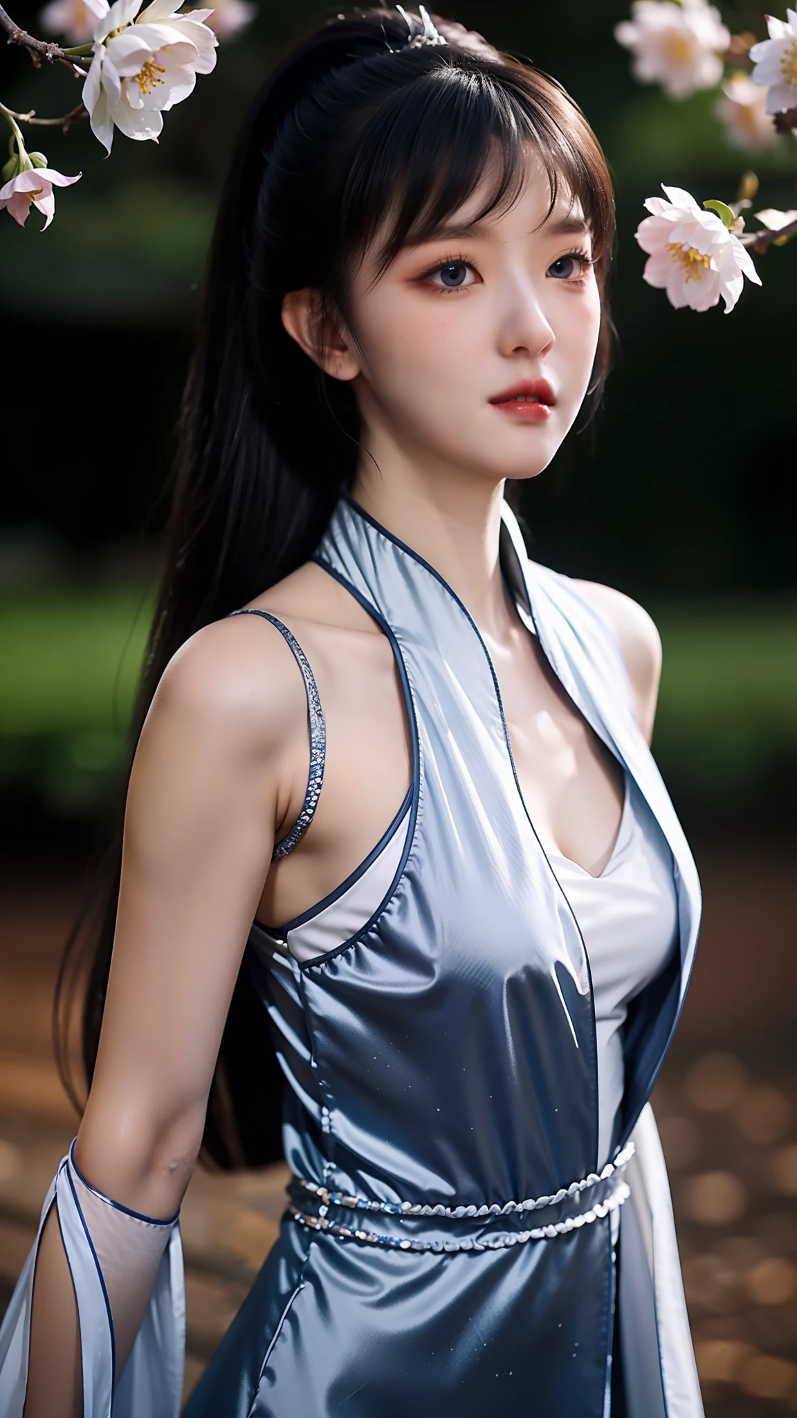 An elegant woman with straight hair wears a gorgeous long dress,The movements are light and elegant,Hanfu,(tmasterpiece,Sideslit,delicate and pretty),tmasterpiece,Realistic,Glowing eyes,Shiny hair,Shiny skin,bachelorhood,Exquisite,Beautiful,sonoko,blossoms,Fluttering petals,Sideways