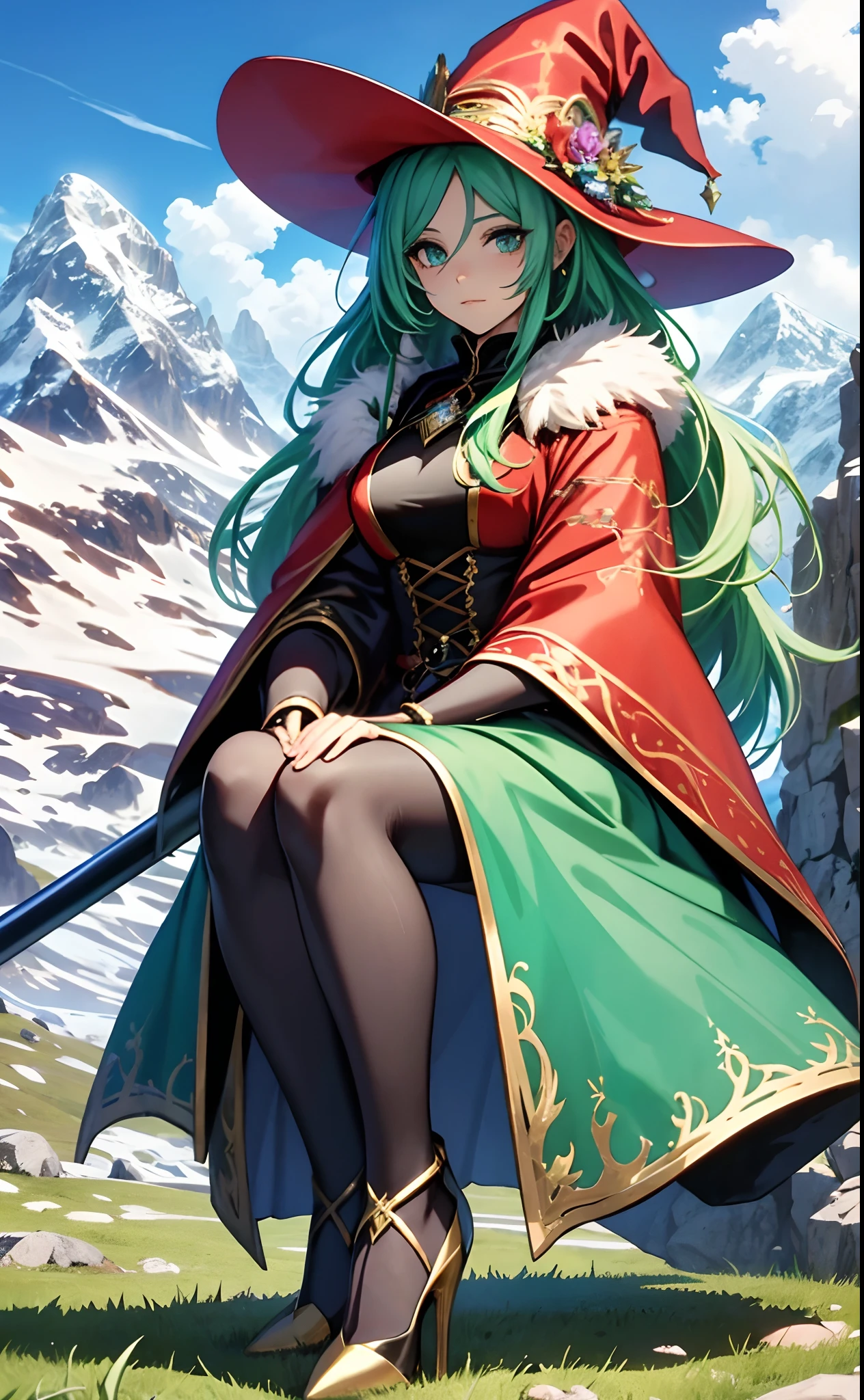 best qualityer,tmasterpiece,Ultimate resolution,downy,Extremely colorful,Colorful,Alpine background,Sky flight,Long flowing green hair,The Witch,a matural female,Red magic robe long dress,red high heel pumps,Sit on a magical broom,flight,Normal posture