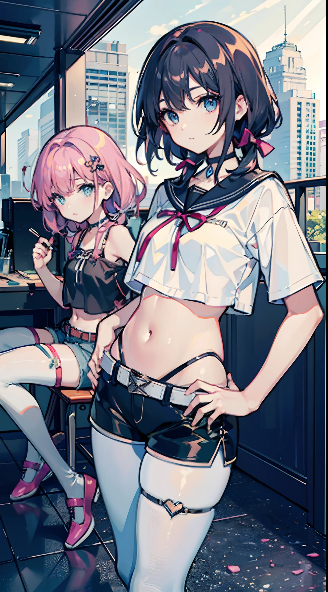 ,twins, Masterpiece,Best quality,offcial art,Extremely detailed Cg Unity 8K wallpaper, 2girls, cute female , Yuri, hair adornments, Short shorts, Crop top, ribbon_choker necklace, leg belt,