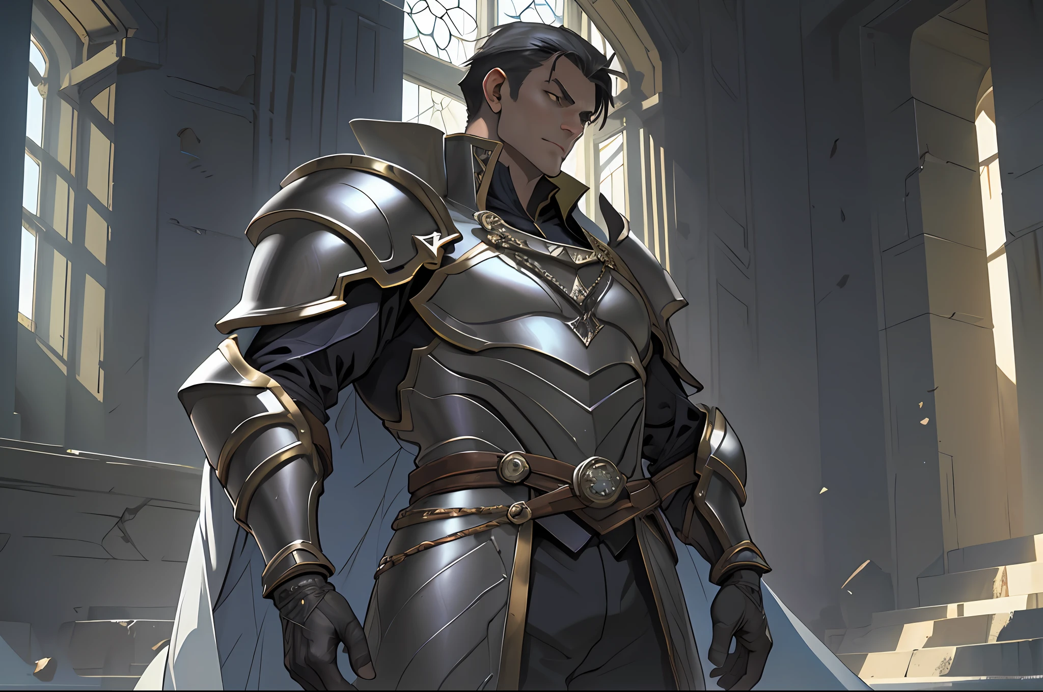 Portrait of a man, 1boy, Solo, Stand quietly, Heroes, A hero never seen before, jawline, Male, Epic, Handsome, prince, warrior, Silver armor, hyperdetailed 3d matte painting, cinemascope panoramic, awe inspiring, landscape, Natural skin texture, Sharp focus, ((Cinematic look)), insanely details, Intricate details, greg rutkovsky、Works of art by Caravaggio and Alphonse Mucha, analogue style, Castle, inside castle, Calm environment,