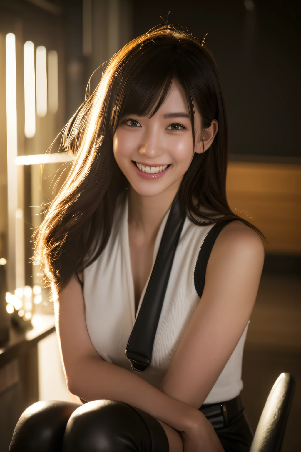 (8K, top-quality, masterpiece:1.2), (realisitic, Photorealsitic:1.37), ultra-detailliert,
Detailed portrait of Tipha Lockhart in Final Fantasy VII remake、Sitting in a detailed café of the cityscape on a date、Looks cute and solo with beautiful detailed eye and nose blush。She pads one elbow、Ankle Boots、a black skirt、black thigh highs、Red boots、elbowgloves、elbow pad、Fingerless gloves are worn。Her costume includes、Sportsbra、Suspender Skirt、thigh highs、White tank top included。Her whole body is visible with her head resting on her hands、Her pretty face、long hair tied low、And showing lips。The scene is、profetional lighting、photon maping、Illuminated by Radiosity、It has a Tetsuya Nomura style and cyber futuristic atmosphere。The background has yellow flowers and a bokeh effect。Laughing with white teeth、Lit up