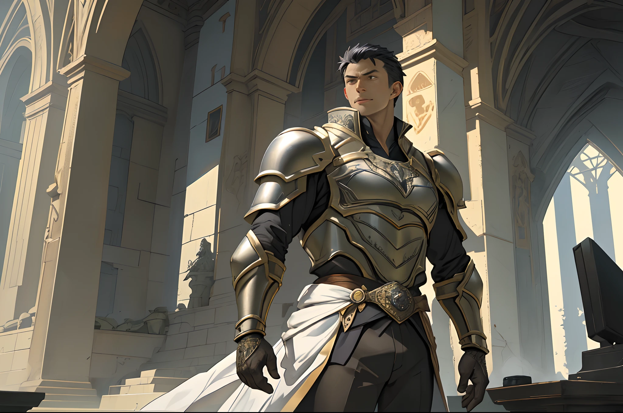 Portrait of a man, 1boy, Solo, Stand quietly, Heroes, A hero never seen before, jawline, Male, Epic, Handsome, prince, warrior, Silver armor, hyperdetailed 3d matte painting, cinemascope panoramic, awe inspiring, landscape, Natural skin texture, Sharp focus, ((Cinematic look)), insanely details, Intricate details, greg rutkovsky、Works of art by Caravaggio and Alphonse Mucha, analogue style, Castle, inside castle, Calm environment,