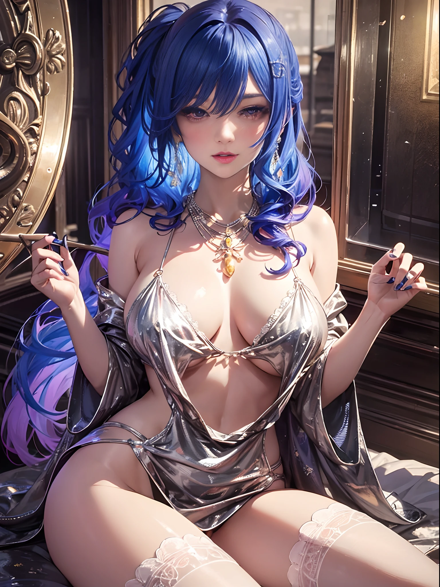(Enrich the picture,Masterpiece level quality)Beautiful 8K CG artwork,Goddess-like posture,Sit in the cabin of the aircraft,Postural exercises,Slim and soft,Translucent skin,Blue hair、The beauty of extra-long hair, Super Long Straight Hair,The skin is fair and juicy,Big breasts lingerie miniskirt uniform,Perspective Part 1.2x enhanced silhouette effect,Exquisite transparent blues pattern in pajamas,The details are intricate and exquisite,The background is slightly blurred,Charming and lustful leg seduction,Drool,K cup big breasts,Blush,Japan goddess,Perfect body slim curves,Cabin scene,Lace panties can be seen,spread their legs,The M legs are open,