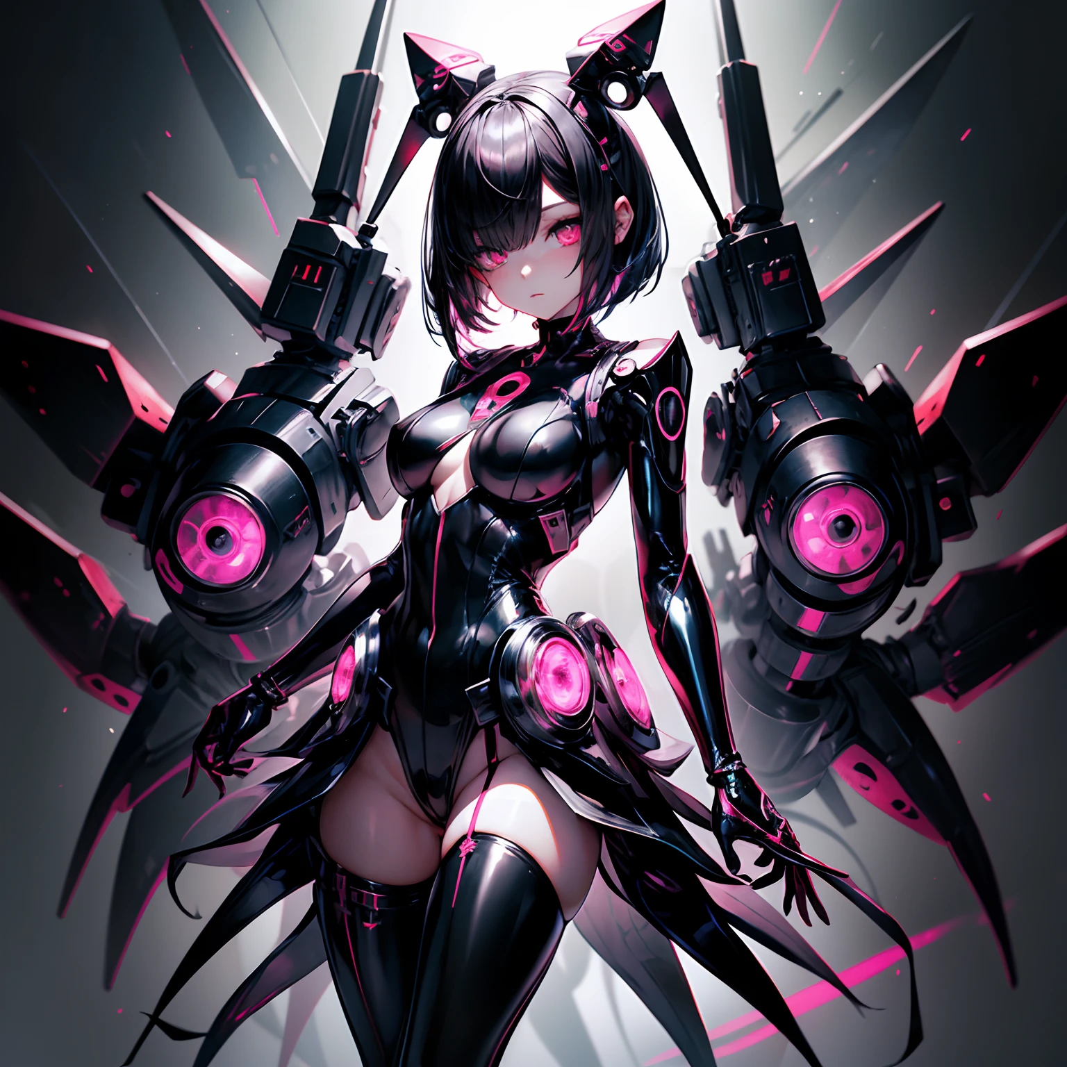 Beautiful girl in cyber style leotard。(Bangs hide one eye)。eyes glowing red。Mechanical units floating around her。The image color of the costume is black or silver。Pink shorthair。Ribbon on the head。Offensive design。Pink latex skirt。Spider legs growing from the waist。Firearms connected to the unit。