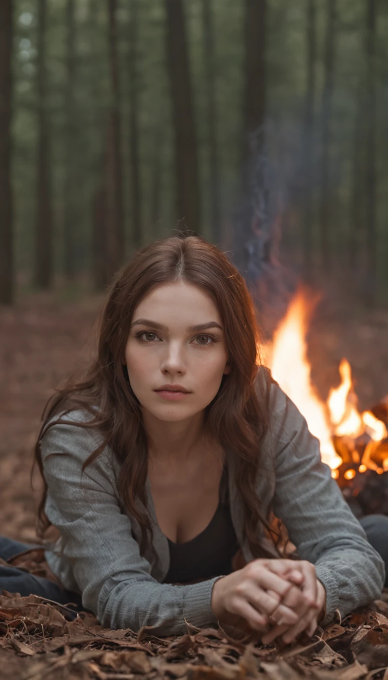 (masterpiece, high detal, absurderes, Raw photo:1.2), 1girl, Campfire in the dark forest, on a bonfire,