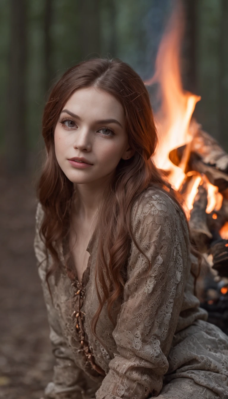 (tmasterpiece, high detal, absurderes, RAW photo:1.2), 1girll, Bonfire in the dark forest at night, Girl in underwear by campfire,