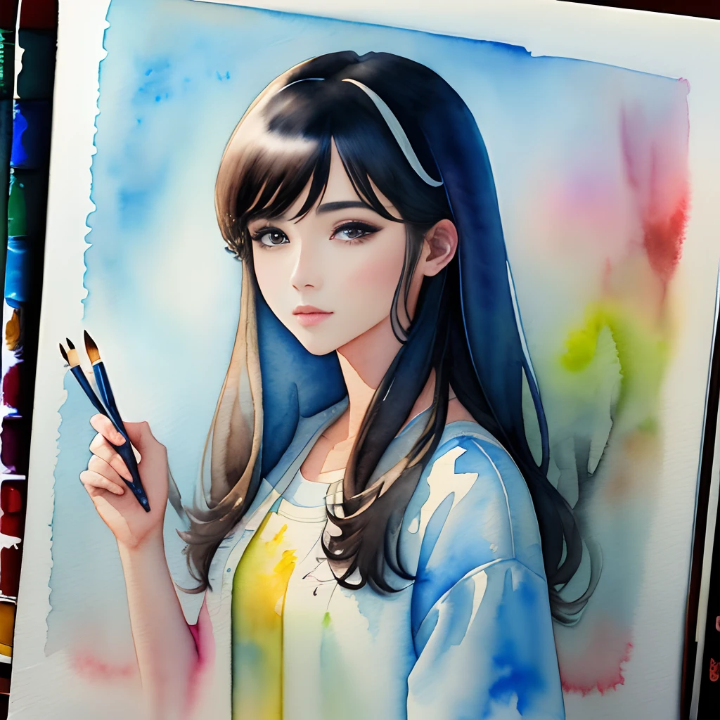 (​masterpiece)、(top-quality:1.1)、(ultra-detailliert)、Best Illustration、detaile、(watercolor paiting:1.4)、(handdraw:1.2)、(Watercolor brush hair)、prety woman