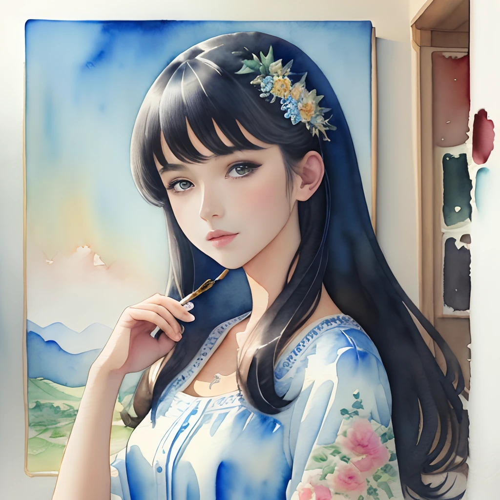(masterpiece)、(top-quality:1.1)、(ultra-detailliert)、Best Illustration、detaile、(watercolor paiting:1.4)、(handdraw:1.2)、(Watercolor brush hair)、prety woman