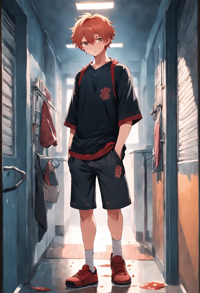 Male college student wearing slippers，Shorts and regular T-shirts，Standing in the corner of the school gate, His hair is messy，Tear stains on the face，Red, Swollen eyes，He covered his face with his hands，From time to time there was a whimpering sound，His entire gesture exudes deep sadness and loss