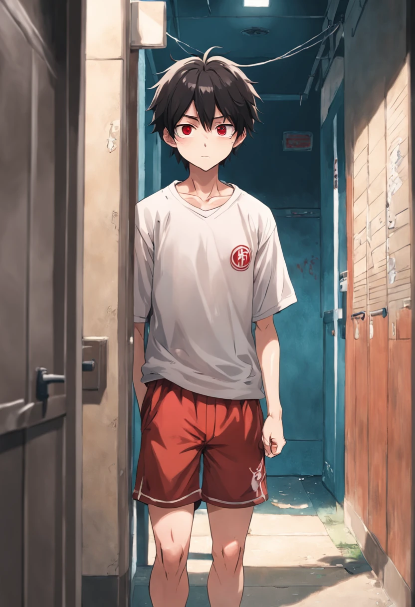 Male college student wearing slippers，Shorts and regular T-shirts，Standing in the corner of the school gate, His hair is messy，Tear stains on the face，Red, Swollen eyes，He covered his face with his hands，From time to time there was a whimpering sound，His entire gesture exudes deep sadness and loss