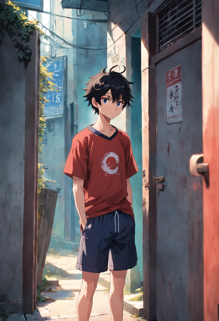 Male college student wearing slippers,Shorts and regular T-shirts,Standing in the corner of the school gate, His hair is messy,Tear stains on the face,Red, Swollen eyes,He covered his face with his hands,From time to time there was a whimpering sound,His entire gesture exudes deep sadness and loss