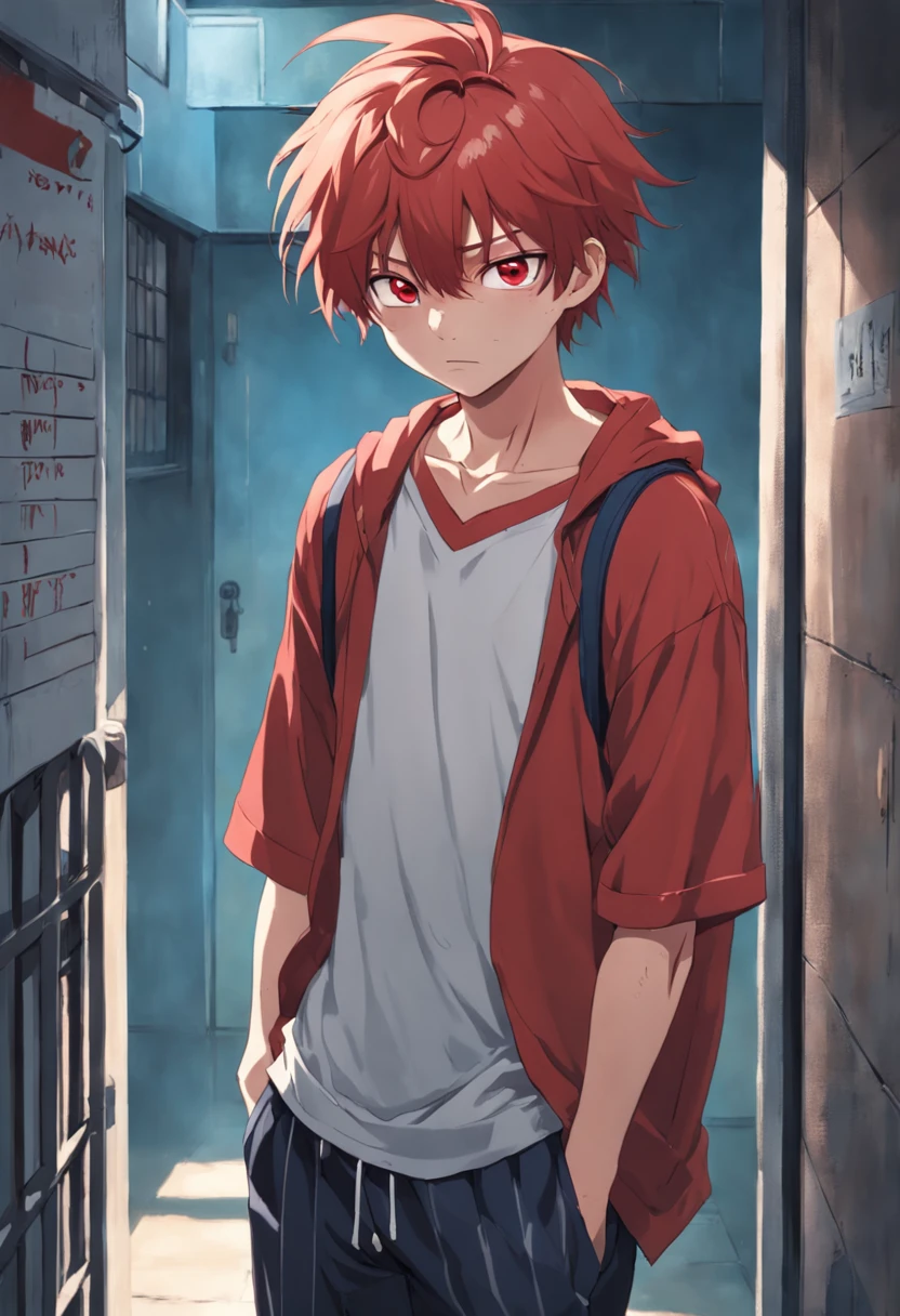 Male college student wearing slippers,Shorts and regular T-shirts,Standing in the corner of the school gate, His hair is messy,Tear stains on the face,Red, Swollen eyes,He covered his face with his hands,From time to time there was a whimpering sound,His entire gesture exudes deep sadness and loss