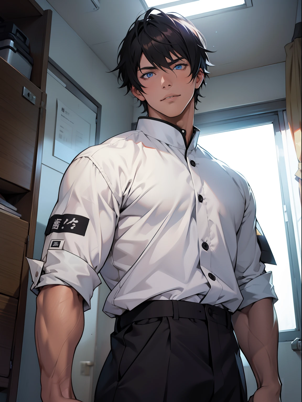 Libido boy,short detailed hair,Handsome,Clear eyes,校服,sitted,In the daytime,inside in room
