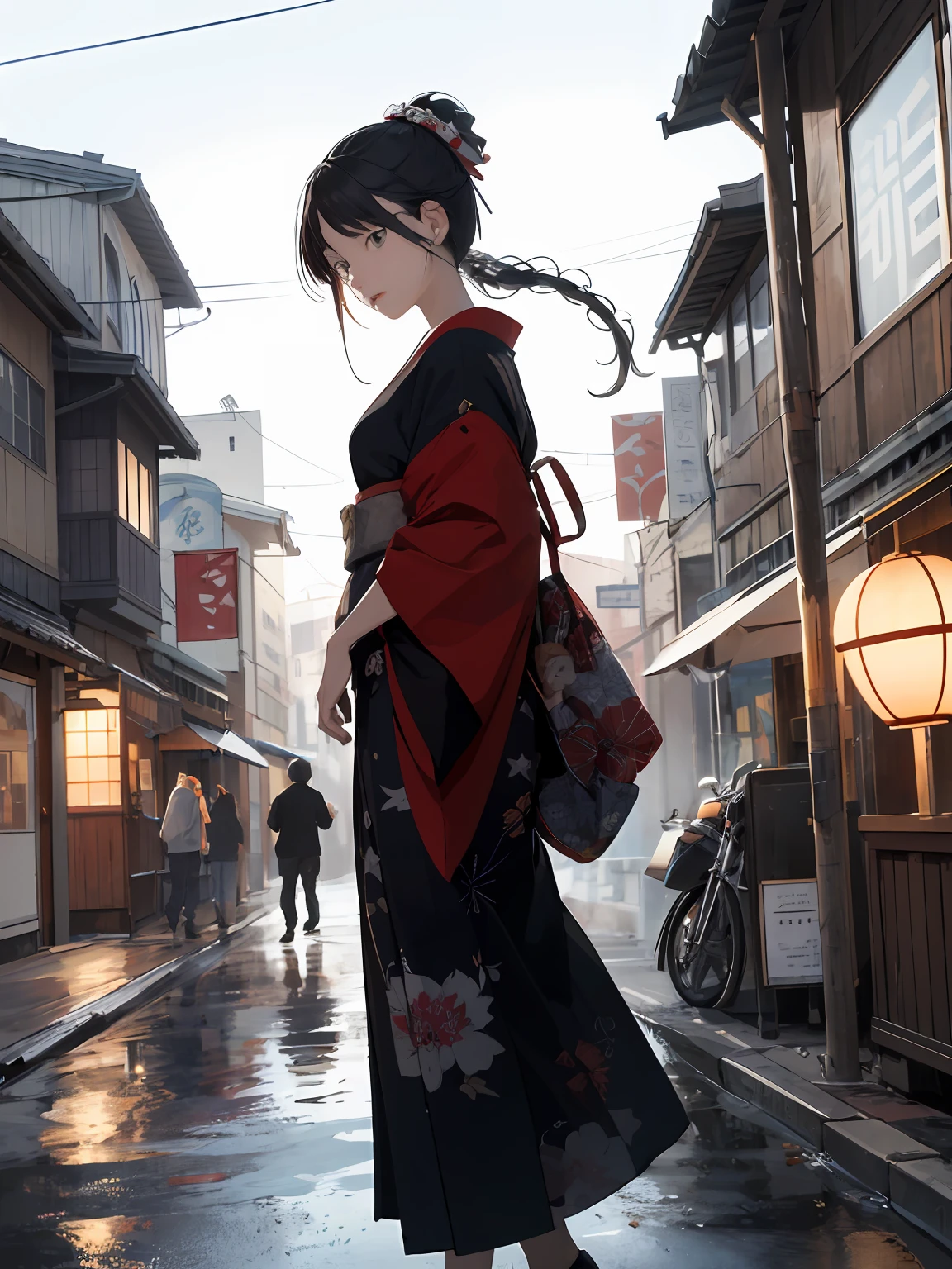 extremely detailed CG unity 8k wallpaper, girl in he 30s, perfect facial features, huge breast,realistic, hand by Guido Daniele, wearing kimono_clothes, view from behind, bare back, sakuramon, wreath,lace-trimmed kimono, stone brick road, wet road, clogs, two toe socks