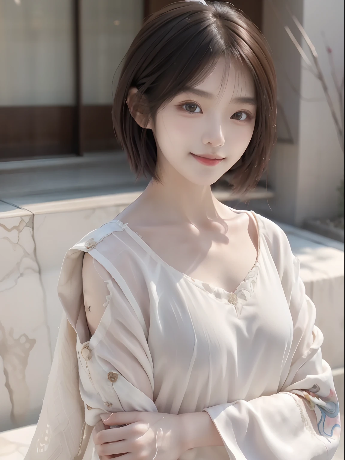 korean woman， （tmasterpiece， Nice people， Polluted smile）， Virtual YouTube， detailed skin textures， Detailed cloth texture， Beautifully detailed face， tmasterpiece， 鎖骨， （ULZZANG-6500-V1.1：0.4）Princess with short hair