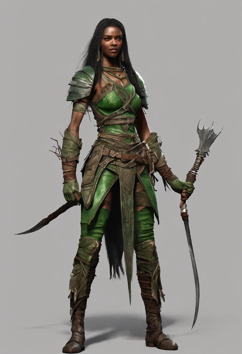 1girl, ((medium chest)), (cut abdomen: 1.1), (perfect body: 1.1), (long straight hair: 1.2), ((braided long green hair)), ((Green eyes)), ((eyes emitting a green glow)), full body, elf, dark skin, wearing extremely detailed and richly detailed sewn and beaten antique leather breastplate, richly detailed stitched antique leather shorts, wide belt drooping on the side, heavily scarred body highlighted and detailed, image portraying an elven warrior after battle some scratches, marks on the body, very serious and concentrated expression wandering the riverbank. (((Huge, overly detailed and heavily battle damaged sword))). (extremely detailed 8k CG wallpaper), (extremely delicate and beautiful), (masterpiece), (best quality: 1.0), (ultra high resolution: 1.0), beautiful lighting, perfect lighting, realistic shadows, [high resolution ], detailed skin, ((skin texture)), super detailed