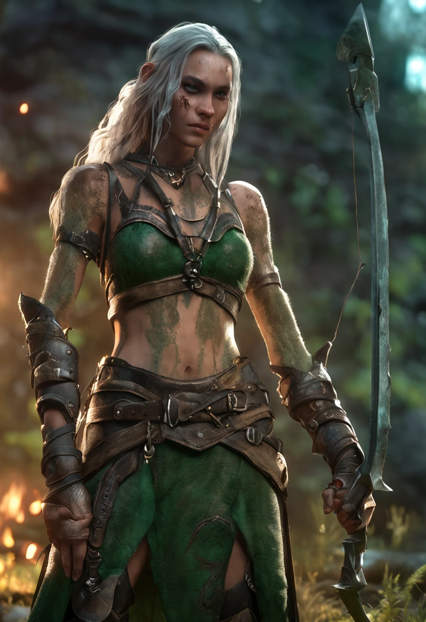 1girl, ((medium chest)), (cut abdomen: 1.1), (perfect body: 1.1), (long straight hair: 1.2), ((braided long green hair)), ((Green eyes)), ((eyes emitting a green glow)), full body, elf, dark skin, wearing extremely detailed and richly detailed sewn and beaten antique leather breastplate, richly detailed stitched antique leather shorts, wide belt drooping on the side, heavily scarred body highlighted and detailed, image portraying an elven warrior after battle some scratches, marks on the body, very serious and concentrated expression wandering the riverbank. (((Huge, overly detailed and heavily battle damaged sword))). (extremely detailed 8k CG wallpaper), (extremely delicate and beautiful), (masterpiece), (best quality: 1.0), (ultra high resolution: 1.0), beautiful lighting, perfect lighting, realistic shadows, [high resolution ], detailed skin, ((skin texture)), super detailed
