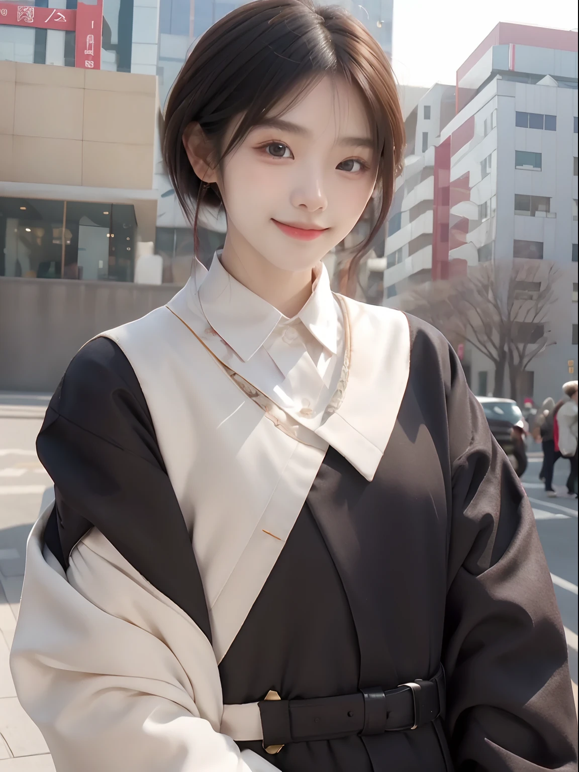 korean woman, (tmasterpiece, Nice people, Polluted smile), Virtual YouTube, detailed skin textures, Detailed cloth texture, Beautifully detailed face, tmasterpiece, 鎖骨, (ULZZANG-6500-V1.1:0.4)Princess with short hair