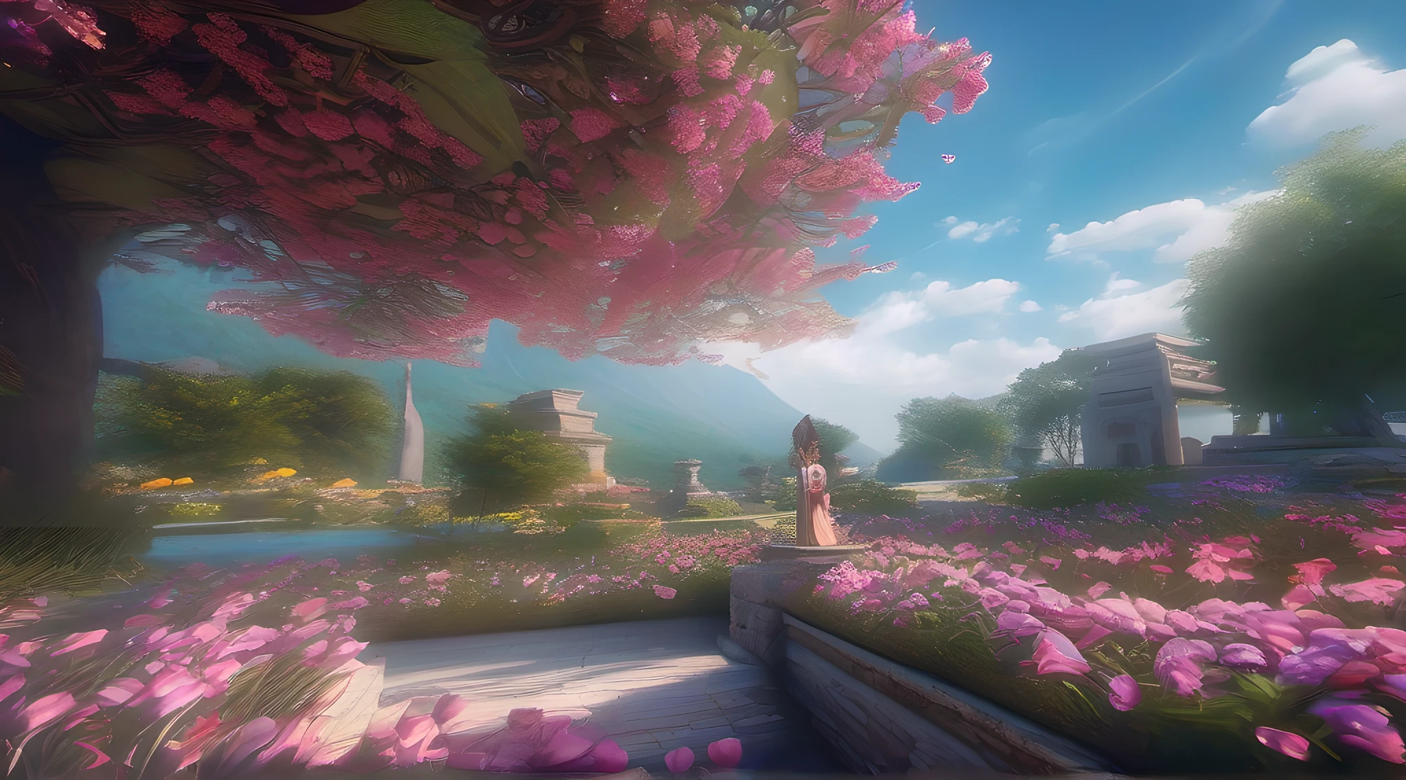 ccurate, best quality, masterpiece, UHD, high details, award winning, (Amazing:1.1), (Surrealism), Conceptual art, Verism, cinematic lighting, floating ruins in the sky, (((beautiful flower garden))), Horizon, blue sky, paradise scenery, flowers, wind flow, (((fantasy))), frontier, (magnificent space), blurry foreground, bokeh, Hasselblad, lens flare, beautiful school girl, (17 yr old), ((((full body)))), from behind, she is dancing, without looking at me, (((wearing school uniform))), black eyes, black hair, (floating hair), ((8 life size)), detailed hairstyles, detailed bodyline, anatomically correct,