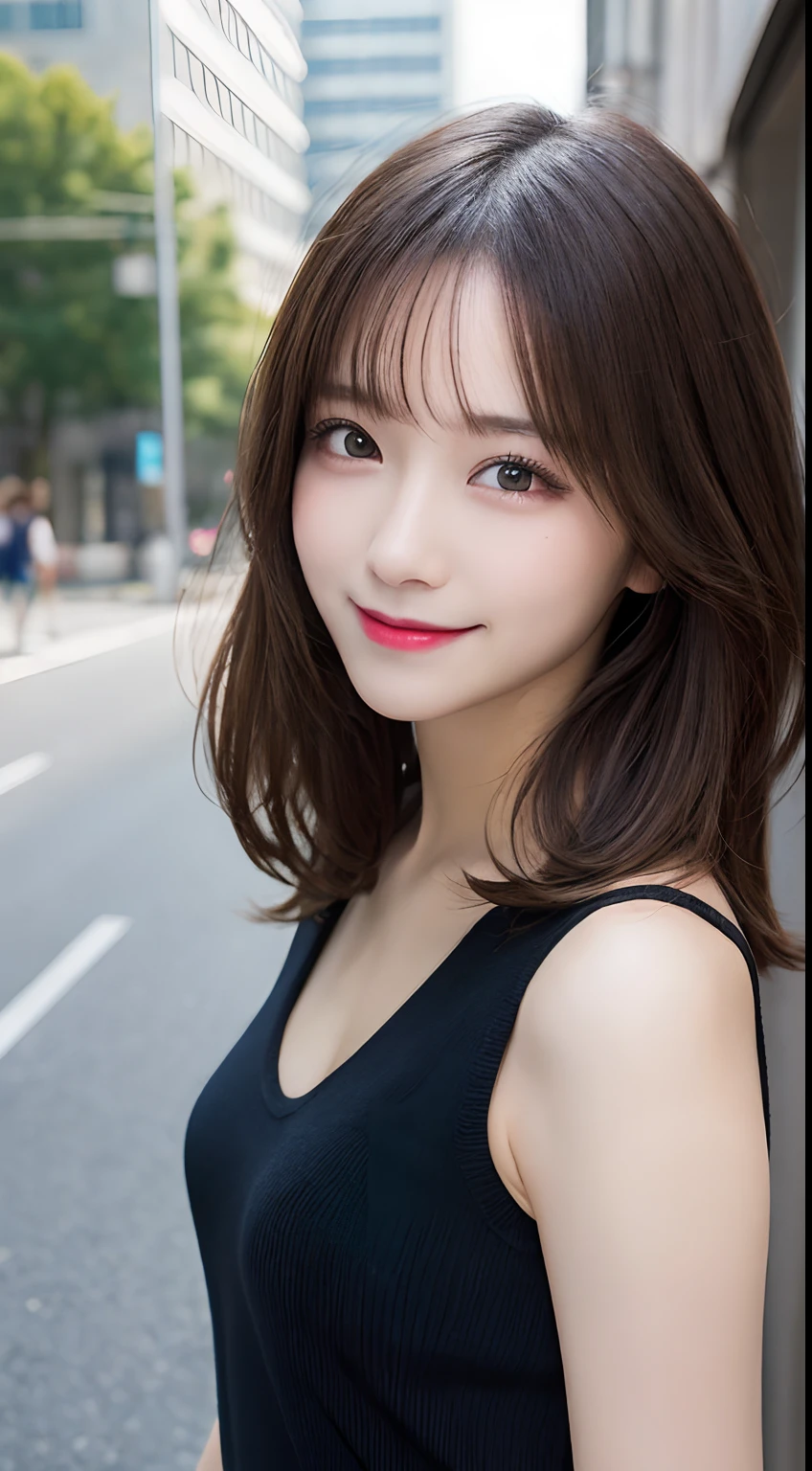 masutepiece, Best Quality, Illustration, Ultra-detailed, finely detail, hight resolution, 8K Wallpaper, Perfect dynamic composition, Beautiful detailed eyes, doress,Medium Hair, mid-chest, Natural Color Lip, Random and sexy poses,Smile,Aoyama Street Walk、20 years girl