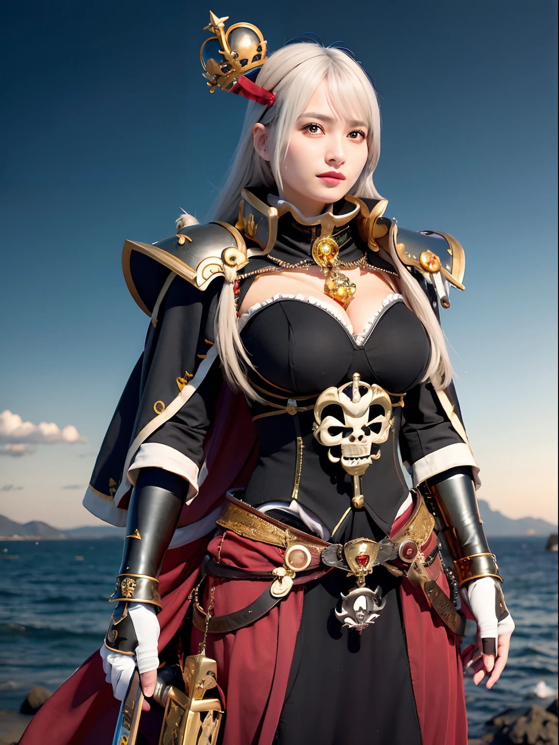 (masutepiece), Professional , masterpiece、top-quality、photos realistic , depth of fields (Gemstone Silver Metal Body:1.9),(Matte White、(Put on a pirate hat)、Jewel Gold Weapon(Jewel Metal Body:1.4),Gorgeous metal weapons , Detailed Sword of the Brave , Beautiful knife ,warhammer 40k , The port town、adepta sororitas,Detail and ornate jewel crown、Black hair、Gangle's forest background、Beautiful Caucasian beauty、1a person、dynamic ungle,(((Detailed and ornate diamond crown)))、Smaller head、A smile、Take a sexy pose、Background inside the castle、Thin and beautiful female hands、cleavage of the breast、Soldier in iron armor on background、Man soldier in iron armor on background、Sea view、Pirate Ship、Woman or stand in the center、Pirate Ship、