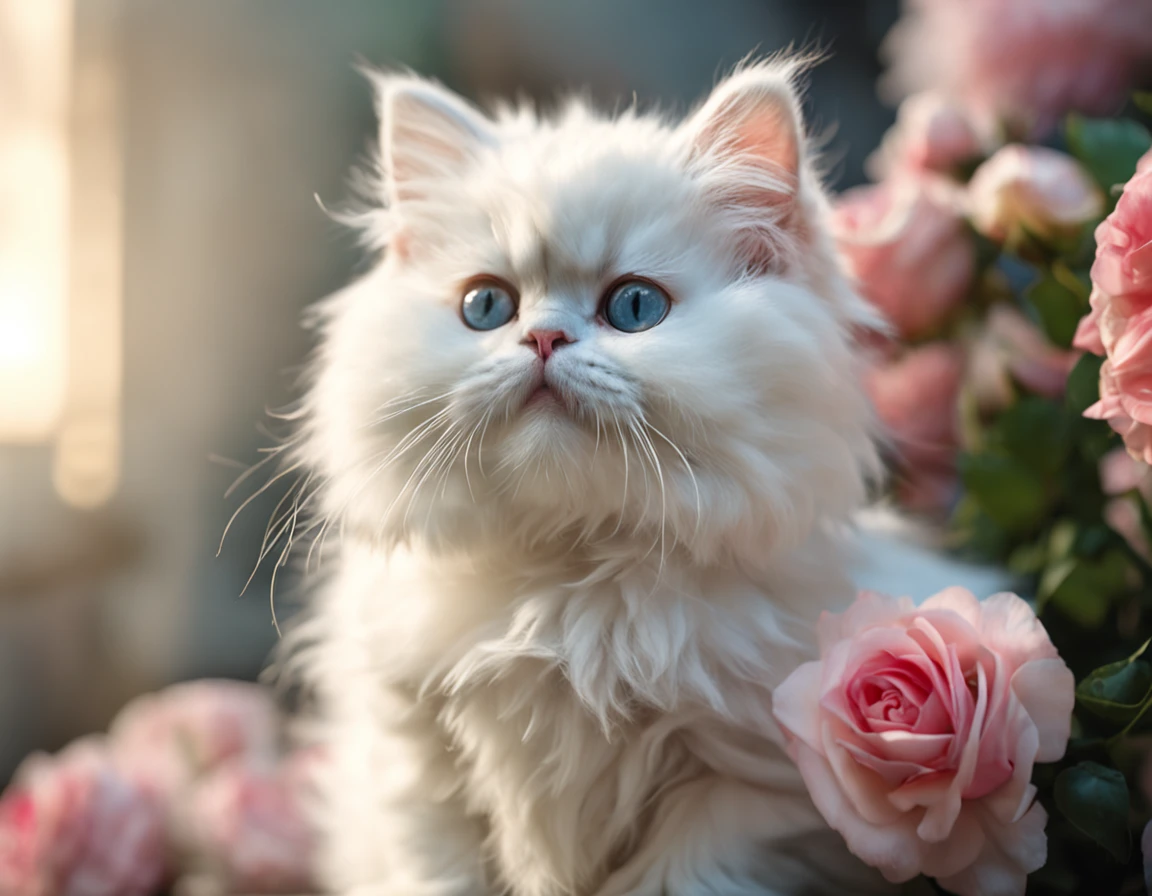 Masterpiece, fluffy white persian kitten sitting next to roses, hyper detailed, high-res photograph, opulent, bokeh, light bloom