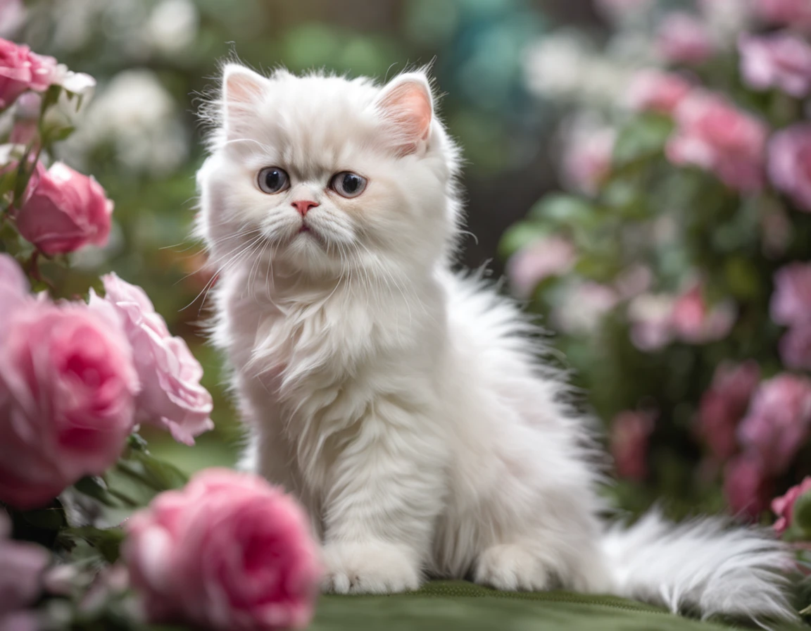 Masterpiece, fluffy white persian kitten sitting next to roses, hyper detailed, high-res photograph, opulent, bokeh, light bloom