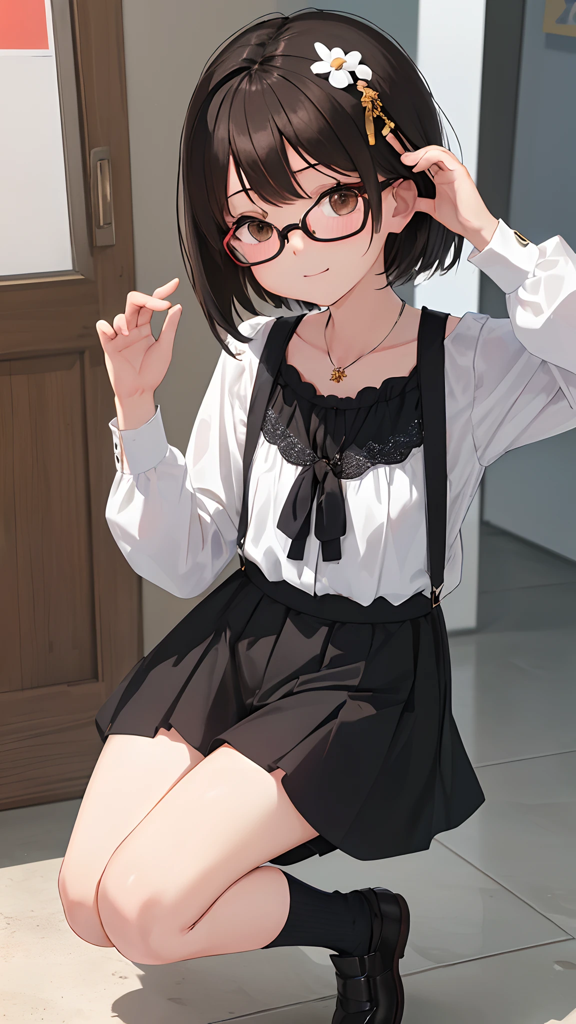 (masutepiece, Best Quality, Capture super cute moments, depth of fields, ultra-detailliert, Ultra High Resolution, C4D, Octadale, 3D Modeling, 8K, 16 K, one girls、a junior high school student、A dark-haired、short-hair、straight haired、Light brown eyes,hair adornments、wearing black glasses、Cute face)、White blouse with lace、short pants