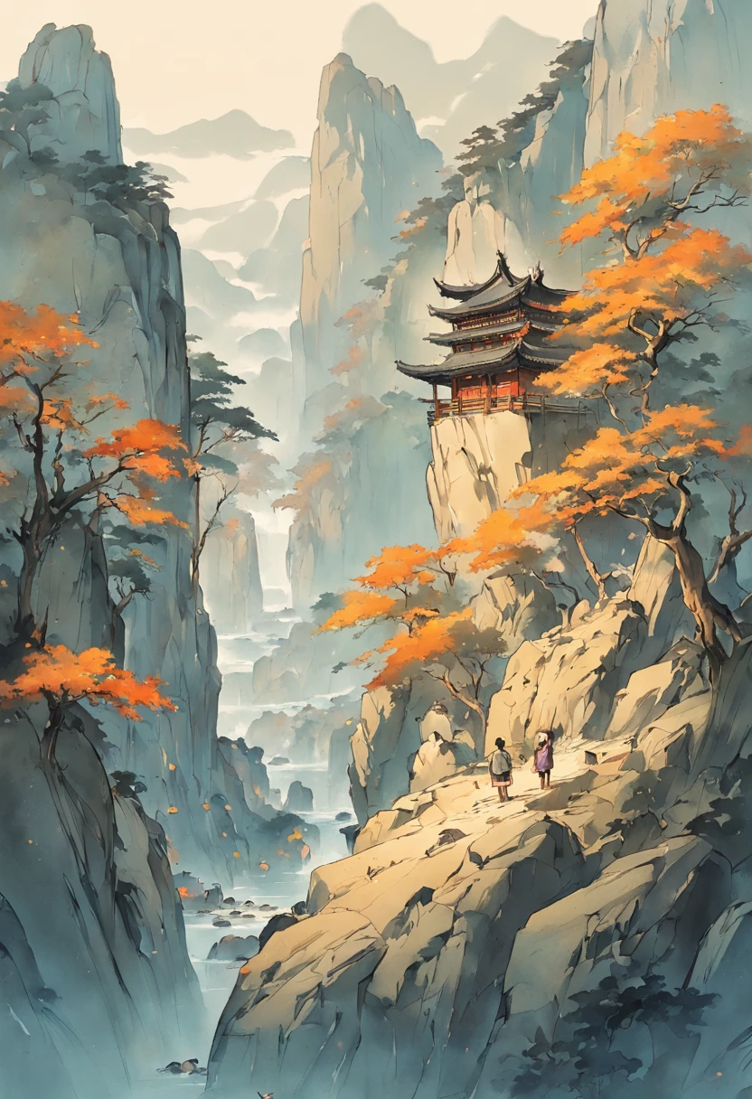 (Masterpiece, best quality: 1.2), traditional Chinese ink painting, high mountains, small hillsides, rocks, trees, no humans, cliffs