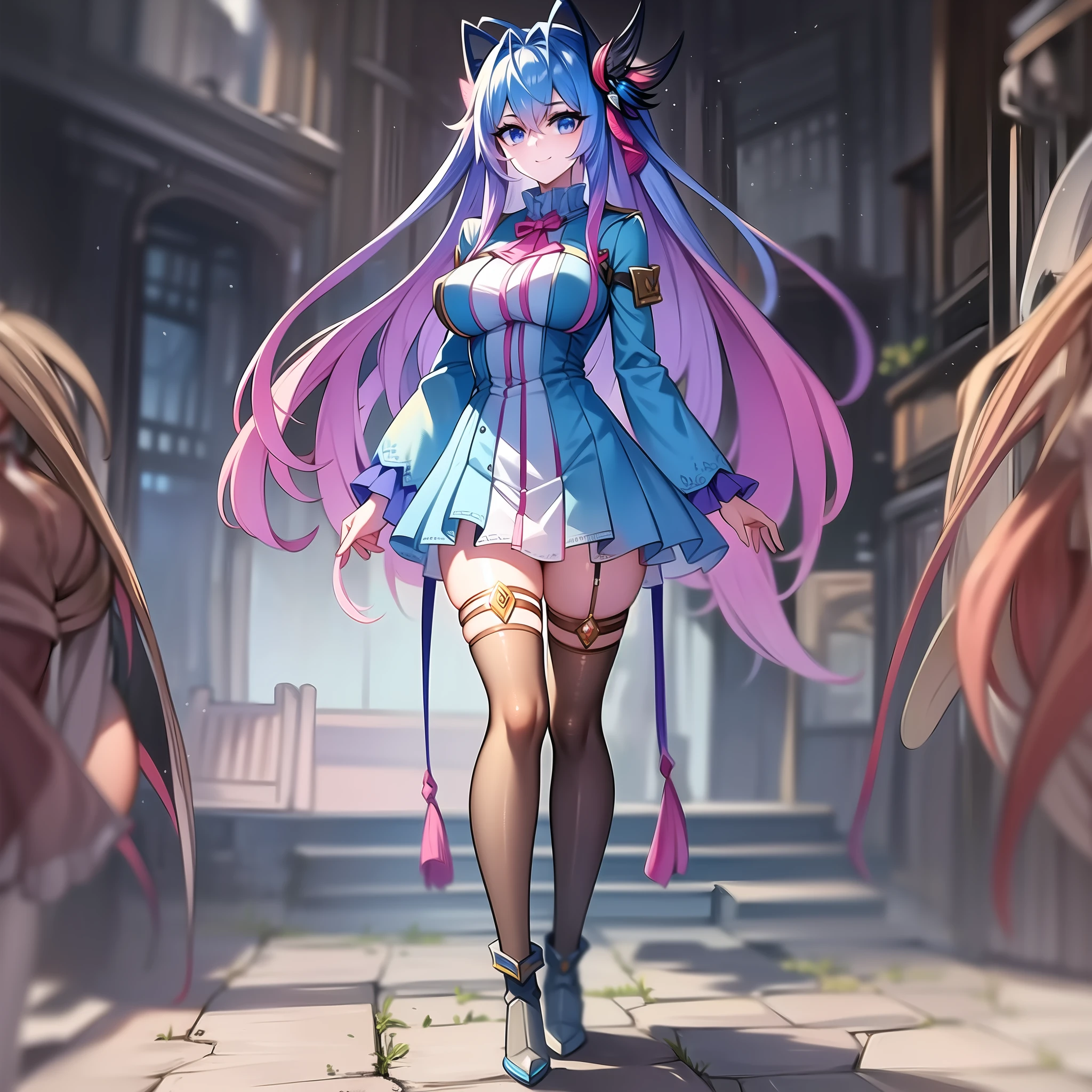 (masterpiece: 1.2),  best quality, ultra high res, shiny skin, female, fashi-g, ultra high res, perfect anatomy, best shadow, best quality, ((1girl, solo)), hair ornament, very long hair, huge breasts, smile, looking at viewer, very long hair, long sleeves, blue eyes, blue hair, bangs, hair between eyes, short dress, high boots,, cloudy sky, full body