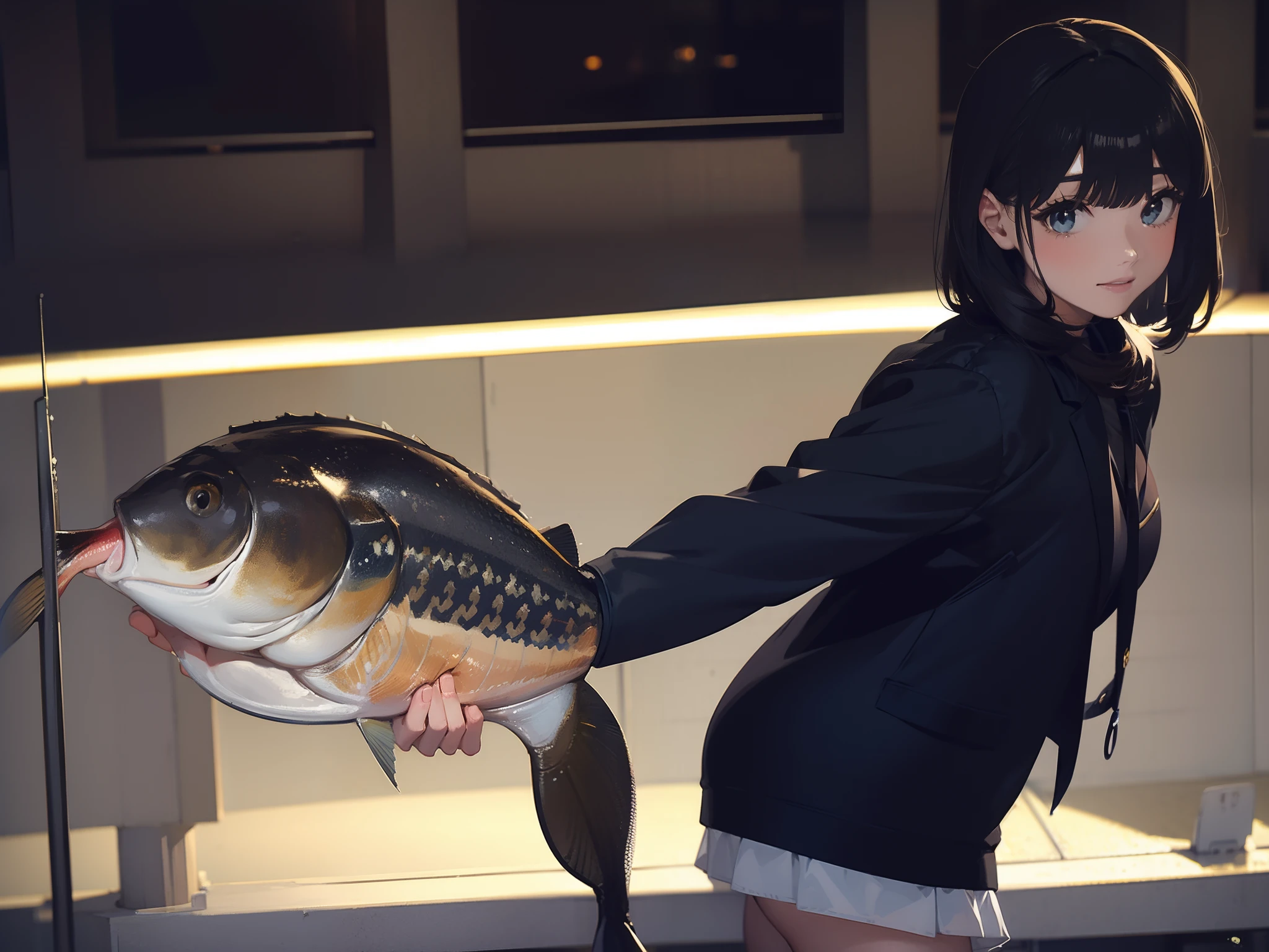 ((((Catching a big blackbass by the lakeside)))),((Best Quality, masutepiece :1.3)),(((large mouth bass:1.9)))hight resolution,ultra-detailliert,Official art,Beauty and aesthetics,masterpiece,best qualtiy,ighly detailed,1 japanese girl,Black hair, long eyeslashes, Solid Circle Eyes, deadpan, drop shadow, Atmospheric perspective,Super Detail, ccurate, Best Quality, small tits,Black jacket,top-quality, 8K, HDR, Hi-Res, absurderes:1.2, blurry backround, bokeh dof:1.2, a picture, (RAW Photography:1.2), (Photorealsitic:1.4), (masterpiece:1.3), (intricate detailes:1.2), Atmospheric perspective,Super Detail, ccurate, Best Quality,