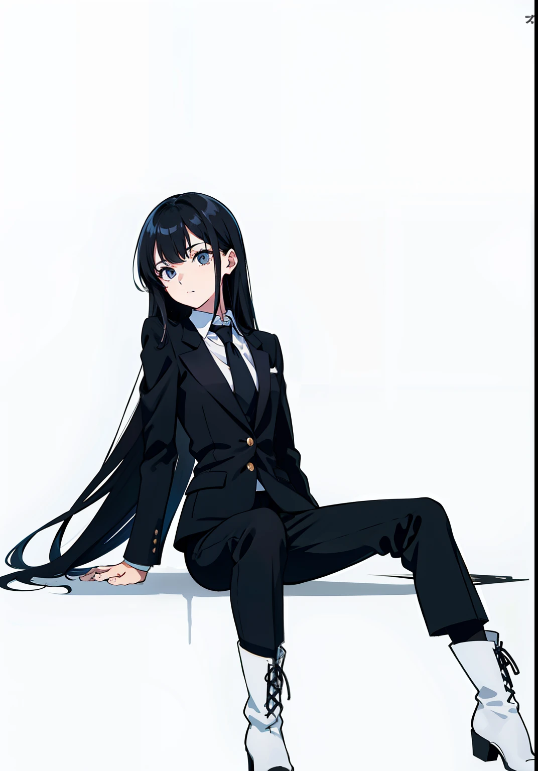 Long hair white，Black boots，black cloaths，In black suit，black long pants，Side sitting position，Long and slender legs