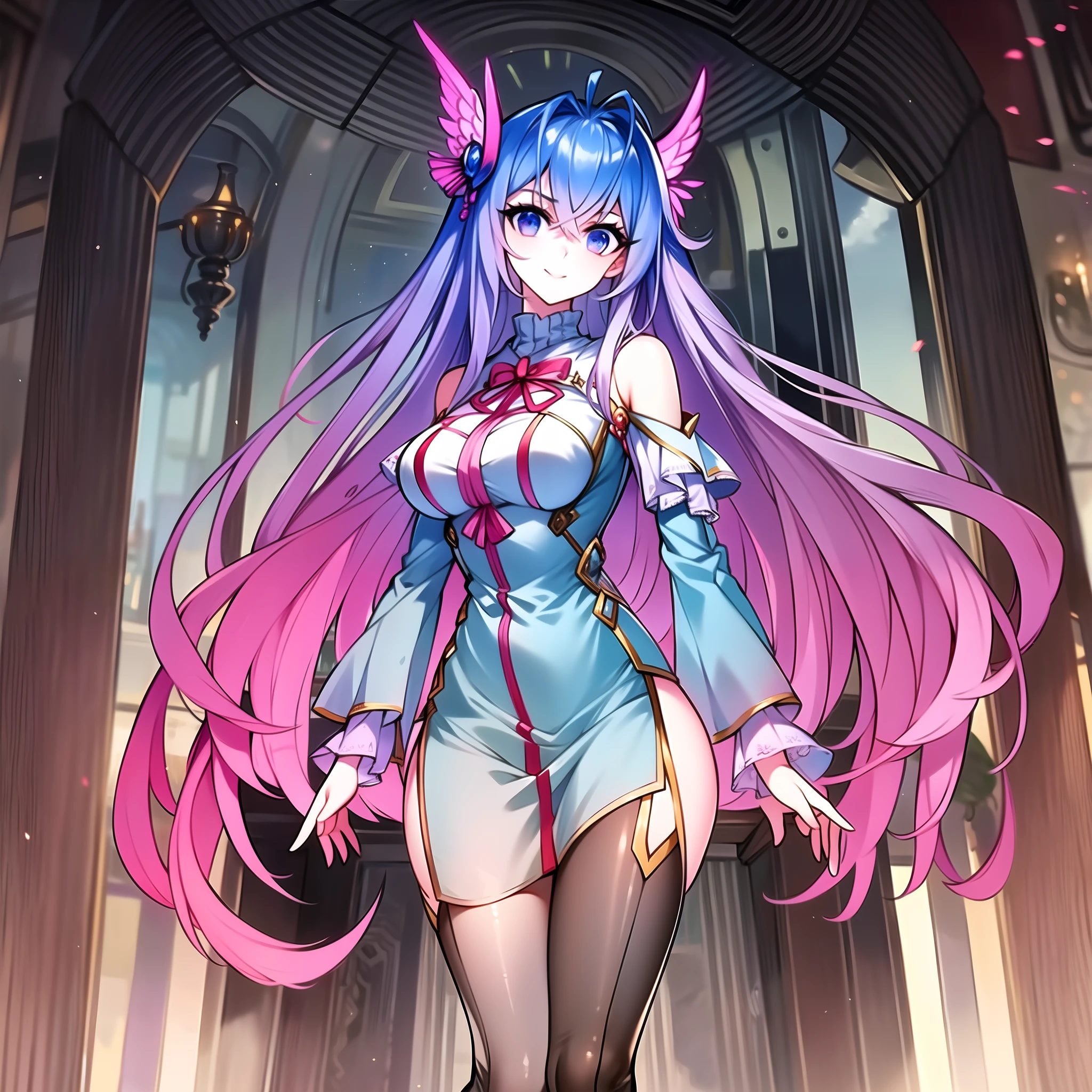 (masterpiece: 1.2),  best quality, ultra high res, shiny skin, female, fashi-g, ultra high res, perfect anatomy, best shadow, best quality, ((1girl, solo)), hair ornament, very long hair, huge breasts, smile, looking at viewer, very long hair, long sleeves, blue eyes, blue hair, bangs, hair between eyes, short dress, high boots,, cloudy sky, full body